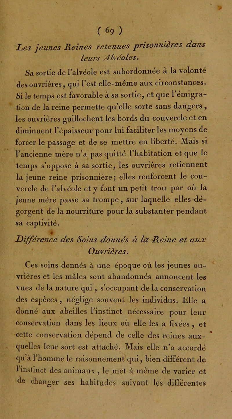 Les jeunes Reines retenues prisonnières dans leurs Alvéoles. Sa sortie de l’alvéole est subordonnée à la volonté des ouvrières, qui l’est elle-même aux circonstances. Si le temps est favorable à sa sortie, et que l’émigra- tion de la reine permette qu’elle sorte sans dangers, les ouvrières guilloclient les bords du couvercle et en O diminuent l’épaisseur pour lui faciliter les moyens de forcer le passage et de se mettre en liberté. Mais si l’ancienne mère n’a pas quitté l’babitation et que le temps s’oppose à sa sortie, les ouvrières retiennent la jeune reine prisonnière; elles renforcent le cou- vercle de l’alvéole et y font un petit trou par où la jeune mère passe sa trompe, sur laquelle elles dé- gorgent de la nourriture pour la substanter pendant sa captivité. * Différence des Soins donnés à la Reine et aux Ouvrières. Ces soins donnés à une époque où les jeunes ou- vrières et les mâles sont abandonnés annoncent les vues de la nature qui, s’occupant de la conservation des espèces, néglige souvent les individus. Elle a donné aux abeilles l’instinct nécessaire pour leur conservation dans les lieux où elle les a fixées , et cette conservation dépend de celle des reines aux- quelles leur sort est attaché. Mais elle n’a accordé qu’à l’homme le raisonnement qui, bien différent de 1 instinct des animaux, le met à meme de varier et de changer ses habitudes suivant les différentes