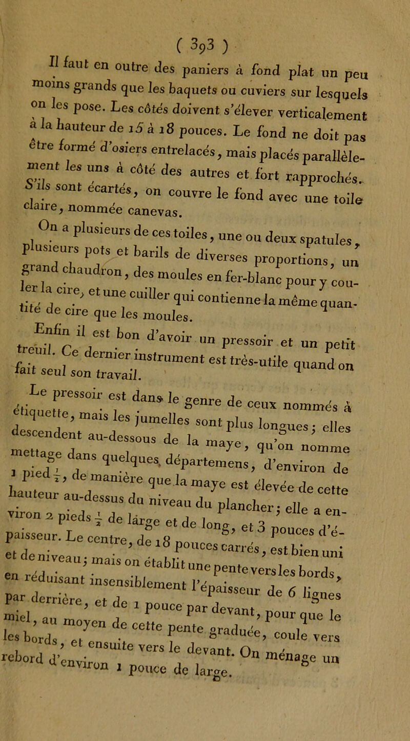 Il faut en outre des paniers à fond plat un peu moins grands que les baquets ou cuviers sur lesquels on les pose. Les côtés doivent s’élever verticalement a la hauteur de i5 à 18 pouces. Le fond ne doit pas etre formé d’osiers entrelacés, mais placés parallèle- ment les uns à côté des autres et fort rapprochés. i s sont écartés, on couvre le fond avec une toile claire, nommée canevas. dIiis' ^USleurs <*e ces ,0‘Ies > «ne ou deux spatules , Plusieurs pots et barils de diverses proportions, un grand chaudron, des moules en fer-blanc pour y cou- ler la cire, et une cuiller qui contienne la même quan- me deicire que les moules. treh^Ce l/S‘ b™ d’ar0‘r n preSSoir et un POlît 'reml. Ce dernier instrument est très-utile quand on lait seul son travail. 4 étiLeetPrSOi ■ T da“ Ie g“re de Ceux * descendent11115 1 ‘ ,Ume““ ^ P'US Iünë““ 1 elles descendent au-dessous de ]a mave o»’ -t xiiaye} qu on nomme l pied8! C™5 <ÏUe?‘ÏUeS- départemens, d’environ de P • > manière que la maye est élevée de cette ■auteur au dessus du niveau du plancher, elle a e„ i . lire, de i y pouces carrés en réduisant ^ penteversle° bords” - ^ “îrsrde 6 ,ignr “t- “ ™»yen de cette pente 7’“ les bords, et ensuite vers le devant On «tord d’environ i pouce de iaJ' ° ““*«« “