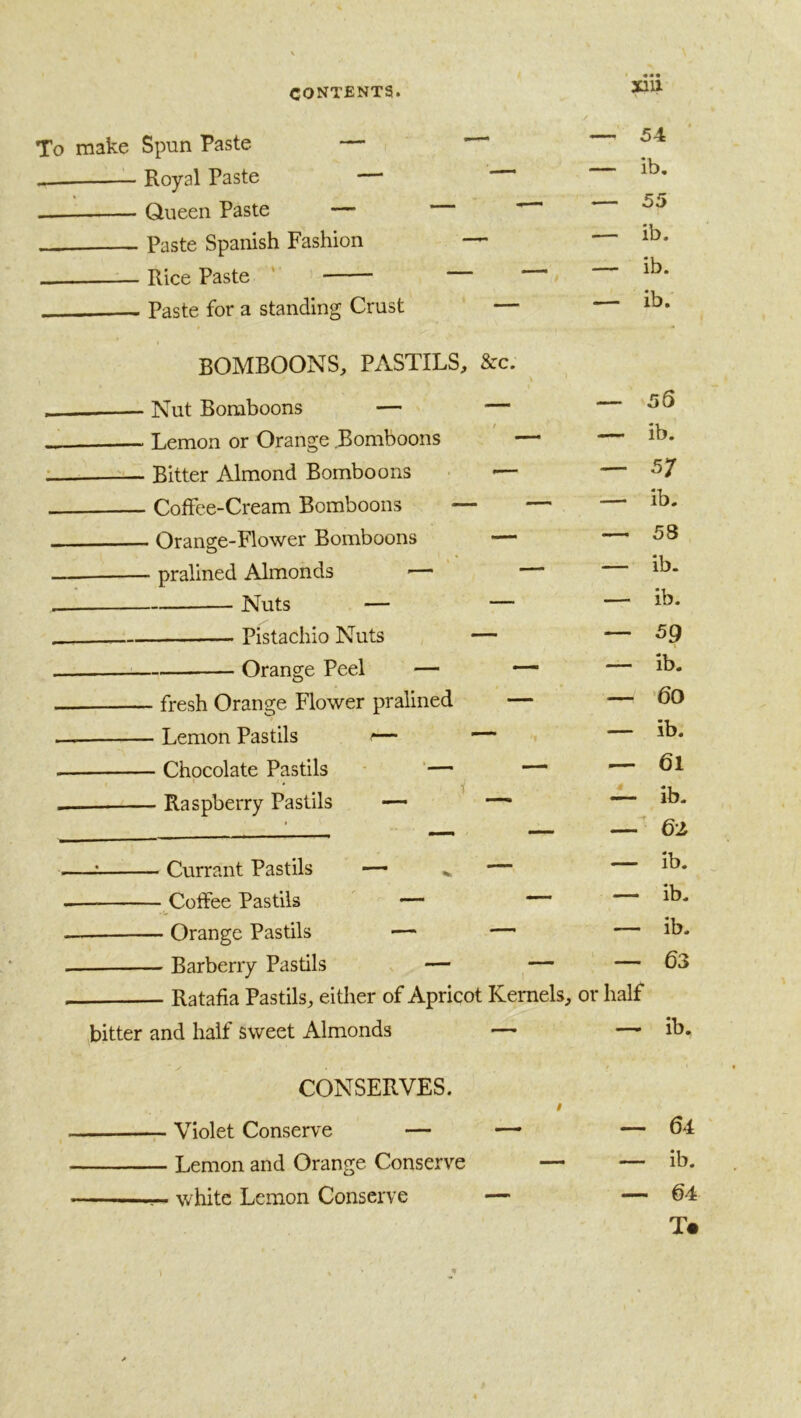 To make Spun Paste — Royal Paste — Queen Paste 54 ib, 55 Paste Spanish Fashion — ib. Rice Paste — ■ ■ ib. Paste for a standing Crust —— — ib. BOMBOONS, PASTILS, See. Nut Bomboons — — — 56 Lemon or Orange .Bomboons / — ib. Bitter Almond Bomboons — — 57 Coffee-Cream Bomboons — — — Ib. Orange-Flower Bomboons — — 58 pralined Almonds — — ib. Nuts — — — ib. Pistachio Nuts — 59 Orange Peel — — — ib. fresh Orange Flower pralined — — ‘60 — Lemon Pastils — — lb. Chocolate Pastils • ‘— — Raspberry Pastils — — — 61 — — ib. - — 6-Z —: Currant Pastils — — — ib. Coffee Pastils ' — — — ib. Orange Pastils — — . ib. Barberry Pastils — — • 63 Ratafia Pastils, either of Apricot Kernels, or half bitter and half sweet Almonds — . ib. CONSERVES. Violet Conserve — - 64 Lemon and Orange Conserve — - ib. — white Lemon Conserve — - 64 T«