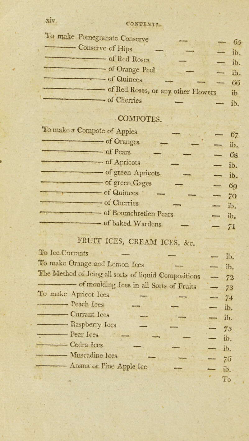 CONTEIyrTS- Ta make Pomegranate Conserve Conserve of Hips ' ' of Red Roses . — of Orange Peel —• of Quinces. Roses_, or any other Flowers of Cherries . COMPOTES. To make a Compote of Apples of Oranges - ' of Pears — — of Apricots — — of green Apricots — of green Gages of Quinces — — : 7* of Cherries . of Boomchretien Pears ■' of baked Wardens FRUIT ICES, CREAM ICE^ &c. To Ice Currants — lo make Orange and Lemon Ices Tlie IVIethod ol Icing all sorts of liquid Compositions of moulding Ices in all Sorts of Fruits To make Apricot Ices — Peach Ices / Currant Ices Raspberry Ices Pear Ices — :— Cedra Ices — —— Muscadine Ices Anana or. Pine Apple Ice — 63 — ib. — ib. — ib. ib — ib. 67 ib. 68 ib. ib. 69 70 ib. ib. 71 ib. ib. 72 73 74 ib. ib. 75 ib. ib. 7Q ib..