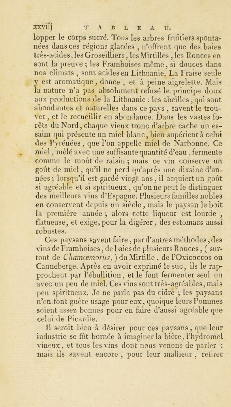 xxviij T A E L E A U. lopper le corps sucré. Tous les arbres fruitiers sponta- nées dans ces régions glacées , n’offrent que des baies très-acides, les Groseilliers, les Mirtilles , les Ronces en sont la preuve ; les Framboises même, si douces dans nos climats , sont acides en Lithuanie. La Fraise seule y est aromatique, douce , et à peine aigrelette. Mais la nature n’a pas absolument refusé le principe doux aux productions de la Lithuanie : les abeilles , qui sont abondantes et naturelles dans ce pays , savent le trou- ver, et le recueillir en abondance. Dans les vastes fo- rêts du Nord, chaque vieux tronc d’arbre cache un es- saim qui présente un miel blanc, bien supérieur à celui des Pyrénées, que l’on appelle miel de Narbonne. Ce miel, mêlé avec une suffisante quantité d’eau , fermente comme le moût de raisin ; mais ce vin conserve un goût de miel, qu’il ne perd qu’après une dixaine d’an- nées; lorsqu’il est gardé vingt ans, il acquiert un goût si agréable et si spiritueux, qu’on ne peut le distinguer des meilleurs vins d’Espagne. Plusieurs familles nobles en conservent depuis un siècle, mais le paysan le boit la première année ; alors cette liqueur est lourde , flatueuse, et exige,pour la digérer, des estomacs aussi robustes. Ces paysans savent faire , par d’autres méthodes, des vins de Framboises, de baies de plusieurs Ronces, ( sur- tout de Chamœmorus, ) duMirtille, de l’Oxicoccos ou Canneberge. Après en avoir exprimé le suc, ils le rap- prochent par l’ébullition, et le font fermenter seul ou avec un peu de miel. Ces vins sont très-agréables, mais peu spiritueux. Je ne parle pas du cidre ; les paysans n’en.font guère usage pour eux, quoique leurs Pommes soient assez bonnes pour en faire d’aussi agréable que celui de Picardie. Il seroit bien à désirer pour ces paysans, que leur industrie se fût bornée à imaginer la bière, l’hydromel vineux, et tous les vins dont nous venons de parler : mais ils savent encore , pour leur malheur, retirer