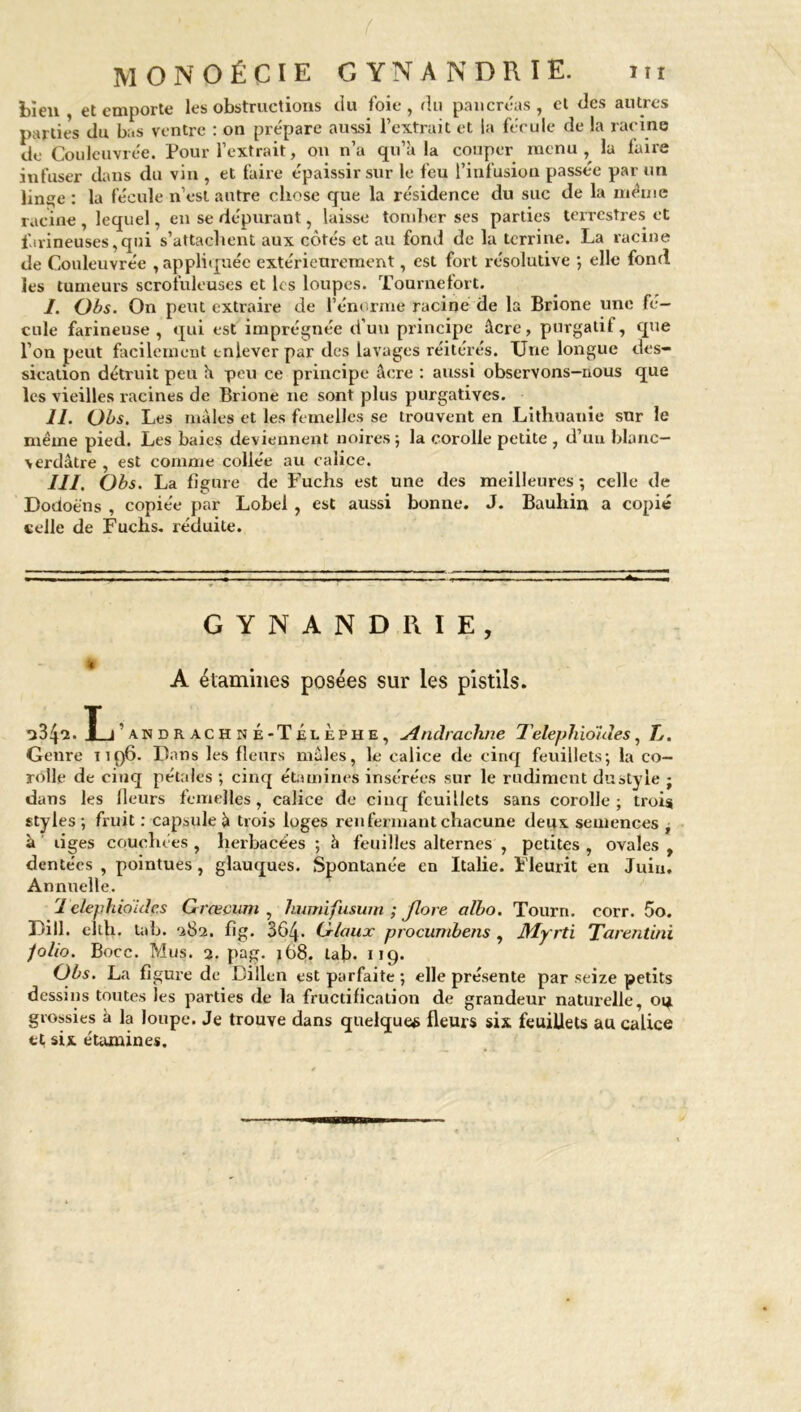 bien , et emporte les obstructions du foie , du pancréas , et des autres parties du bas ventre : on prépare aussi l’extrait et la fécule de la racine de Cbuleuvrée. Pour l’extrait, on n’a qu’à la couper menu, la faire infuser dans du vin , et faire épaissir sur le feu l’infusion passée par un linge : la fécule n’est autre chose que la résidence du suc de la même racine , lequel, en se dépurant, laisse tomber ses parties terrestres et farineuses,qui s’attachent aux côtés et au fond de la terrine. La racine de Couleuvrée , appliquée extérieurement, est fort résolutive ; elle fond les tumeurs scrofuleuses et ks loupes. Tournefort. I. Obs. On peut extraire de l’énorme racine de la Brione une fé- cule farineuse , qui est imprégnée d'uu principe âcre, purgatif, que l’on peut facilement enlever par des lavages réitérés. Une longue des- sication détruit peu à peu ce principe âcre : aussi observons-nous que les vieilles racines de Brione ne sont plus purgatives. IL Obs. Les mâles et les femelles se trouvent en Lithuanie sur le même pied. Les baies deviennent noires; la corolle petite , d’un blanc- verdâtre , est comme collée au calice. III, Obs. La figure de Fuchs est une des meilleures ; celle de Dodoëns , copiée par Lobel , est aussi bonne. J. Bauhin a copié celle de Fuchs. réduite. GYNANDRIE, | A étamines posées sur les pistils. o34*2. T i ’ an DR ach N É-TÉl Èphe , Andrachne Telephiouîes, L. Genre 1196. Dans les fleurs mâles, le calice de cinq feuillets; la co- rolle de cinq pétales ; cinq étamines insérées sur le rudiment dustyie ; dans les fleurs femelles, calice de cinq feuillets sans corolle; trois styles; fruit : capsule à trois loges renfermant chacune deux semences j à liges couchées , herbacées ; à feuilles alternes , petites , ovales , dentées , pointues, glauques. Spontanée en Italie. Fleurit en Juin. Annuelle. 1 elephioide.s Grœcum , humifusum ; flore albo. Tourn. corr. 5o. Dill. elth. tab. 282. fig. 36/p Glaux procumbens , Myrti Tarentini Jolio. Bocc. Mus. 2. pag. 168. tab- 119. Obs. La figure de Dillen est parfaite ; elle présente par seize petits dessins toutes les parties de la fructification de grandeur naturelle, oq grossies à la loupe. Je trouve dans quelque* fleurs six feuillets au calice et six étamines.