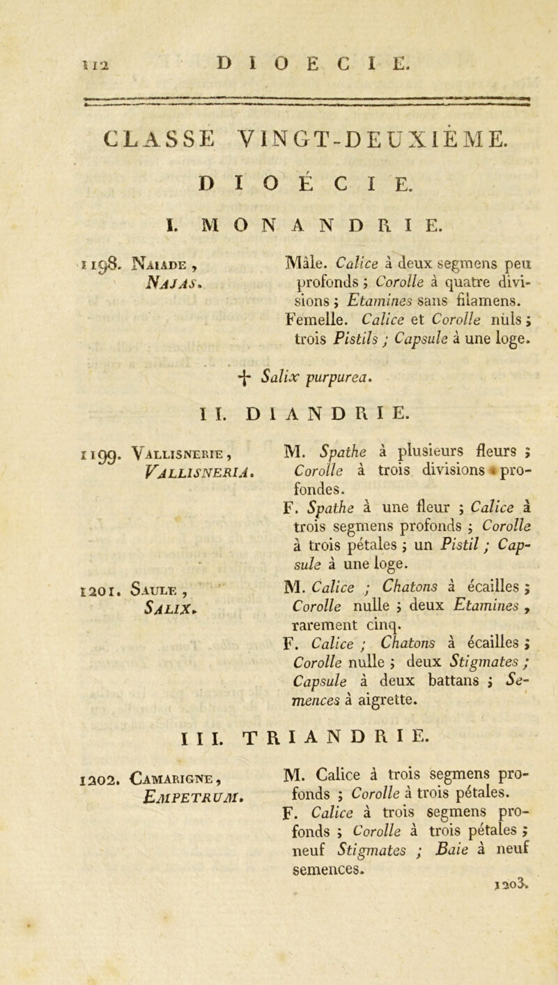 « CLASSE VINGT-DEUXIÈME. D I O É C I E. I. MONANDRIE. ï 198. Naïade , Mâle. Calice à deux segmens peu Najas. profonds ; Corolle à quatre divi- sions ; Etamines sans fiiamens. Femelle. Calice et Corolle nùls ; trois Pistils ; Capsule à une loge. -f* Salix purpurea. IL D 1 A N D Pi I E. M. Spathe à plusieurs fleurs ; Corolle à trois divisions * pro- fondes. F. Spathe à une fleur ; Calice à trois segmens profonds ; Corolle à trois pétales ; un Pistil ; Cap- sule à une loge. M. Calice ; Chatons à écailles ; Corolle nulle ; deux Etamines , rarement cinq. F. Calice ; Chatons à écailles ; Corolle nulle ; deux Stigmates ; Capsule à deux battans i Se- mences à aigrette. III. T R I A N D R I E. 1302. Camarigne, m. Calice à trois segmens pro- EmPETRUM• fonds ; Corolle a trois petales. F. Calice à trois segmens pro- fonds ; Corolle à trois pétales ; neuf Stigmates ; Baie à neuf semences. 120^. H99- v ALLISNERIE , Vjllisneria. 1201. Saule, Salix.
