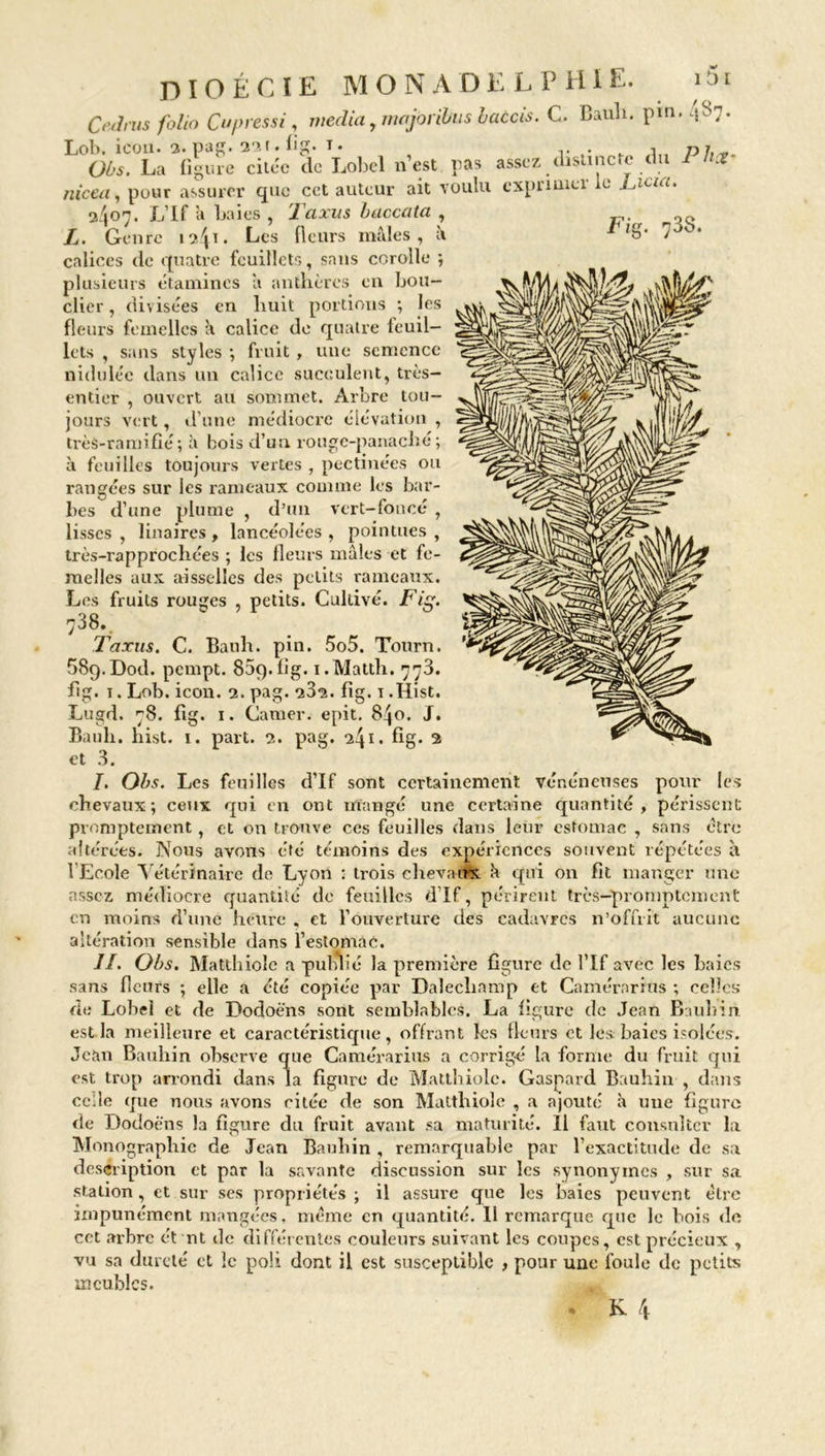 DIOÉCïE monadelphie. l5t Cedrus folio Cupressi, media ymajôrifois battis. C. Bauli. pm. 487. nicea, pour assurer que cet auteur ait voulu cxpnmei e l_,iaa. 2/107. L’If à Laies , Tcixus baccata , L. Genre 12.41. Les fleurs mâles, à calices de quatre feuillets, sans corolle ; plusieurs étamines â anthères en bou- clier , divisées en huit portions ; les fleurs femelles k calice de quatre feuil- lets , sans styles , fruit , une semence nidulée dans un calice succulent, très- entier , ouvert au sommet. Arbre tou- jours vert, d’une médiocre élévation , trèâ-ramifié; à bois d’un rouge-panaché; à feuilles toujours vertes , pectinées ou rangées sur les rameaux comme les bar- bes d’une plume , d’un vert-foncé , lisses , linaires, lancéolées , pointues , très-rapprochées ; les fleurs mâles et fe- melles aux aisselles des petits rameaux. Les fruits rouges , petits. Cultivé. Fig. 738.. Taxas. C. Bauh. pin. 5o5. Tourn. 589.Dod. pempt. 85q.fig. i.Matth. 773. fig. 1. Lob. icon. 2. pag. 232. fig. 1 .Hist. Lugd. 78. fig. 1. Camer. epit. 840. J. Bauh. hist. 1. part. 2. pag. 241. fig* 2 et 3. I. Obs. Les feuilles d’If sont certainement vénéneuses pour les chevaux; ceux qui en ont mangé une certaine quantité, périssent promptement, et on trouve ces feuilles dans leur estomac , sans être altérées. Nous avons été témoins des expériences souvent répétées à l Ecole Vétérinaire de Lyon : trois chevaux k qui on fit manger une assez médiocre quantité de feuilles d’If, périrent très-promptement en moins d’une heure , et l’ouverture des cadavres n’offrit aucune altération sensible dans l’estomac. II. Obs. Matthiole a publié la première figure de l’If avec les baies sans fleurs ; elle a été copiée par Dalecliamp et Camérnrius ; celles de Lobeî et de Dodoéns sont semblables. La figure de Jean Bauhin est la meilleure et caractéristique, offrant les fleurs et les baies isolées. Jean Bauhin observe que Camérarius a corrigé la forme du fruit qui est trop arrondi dans la figure de Matthiole. Gaspard Bauhin , dans celle que nous avons citée de son Matthiole , a ajouté k une figure de Dodoè'ns la figure du fruit avant sa maturité. Il faut consulter la Monographie de Jean Bauhin , remarquable par l’exactitude de sa description et par la savante discussion sur les synonymes , sur sa station , et sur ses propriétés ; il assure que les baies peuvent être impunément mangées, même en quantité. Il remarque que le bois de cet arbre et nt de différentes couleurs suivant les coupes, est précieux , vu sa duveté et le poli dont il est susceptible , pour une foule de petits meubles. E 4