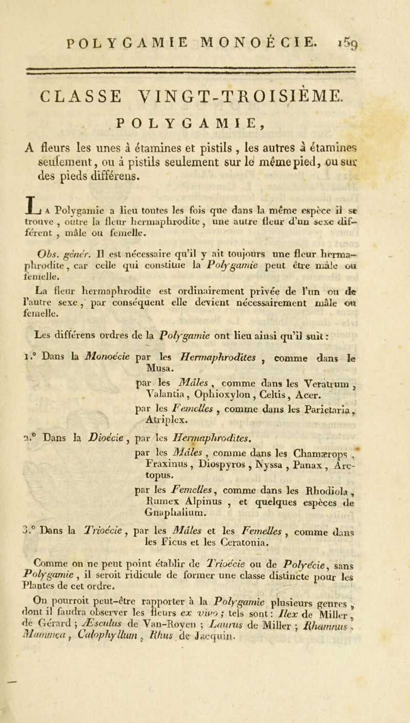CLASSE VIN GT-TROISIÈME. POLYGAMIE, A fleurs les unes à étamines et pistils , les autres à étamines seulement, ou à pistils seulement sur lé meme pied, ou sui- des pieds différens. T i a Polygamie a lieu toutes les fois que dans la meme espece il se trouve , outre la {leur hermaphrodite, une autre fleur d’un sexe dif- férent , mâle ou femelle. Obs. gêner. Il est nécessaire qu’il y ait toujours une fleur herma- phrodite , car celle qui constitue la Polygamie peut être mâle ou femelle. La fleur hermaphrodite est ordinairement privée de l’un ou de l’autre sexe, par conséquent elle devient nécessairement mâle ou femelle. Les différens ordres de la Polygamie ont lieu ainsi qu’il suit : I.° Dans la Monoécie par les Hermaphrodites , comme dans le Musa. par les Mâles , comme dans les Yeratium , Valantia, Ophioxylon , Celtis, Acer. par les Femclles , comme dans les Parietnria, A triplex. o.° Dans la Dioécie, par les Hemiaphrodites. par les Mâles , comme dans les Chamærops * Fraxinus , Diospyros , Nyssa , Panax , Arc- top us. par les Femelles, comme dans les Rhodiola , Rumex Alpinus , et quelques espèces «le Gnaphalium. 3.° Dans la Trioécie, par les Mâles et les Femelles , comme dans les Ficus et les Ceratonia. Comme on ne peut point établir de Trioécie ou de Polyccie, sans Polygamie , il seroit ridicule de former une classe distincte pour les Plantes de cet ordre. On pourroit peut-être rapporter â la Polygamie plusieurs genres , dont il faudra observer les fleurs ex vivo; tels sont: I/ex de Miller! de Gérard ; Æsculus de Van-Roycn ; Laums de Miller j lihwnnus ! Mammea, Calophyllum, Khus cie Jacquin.