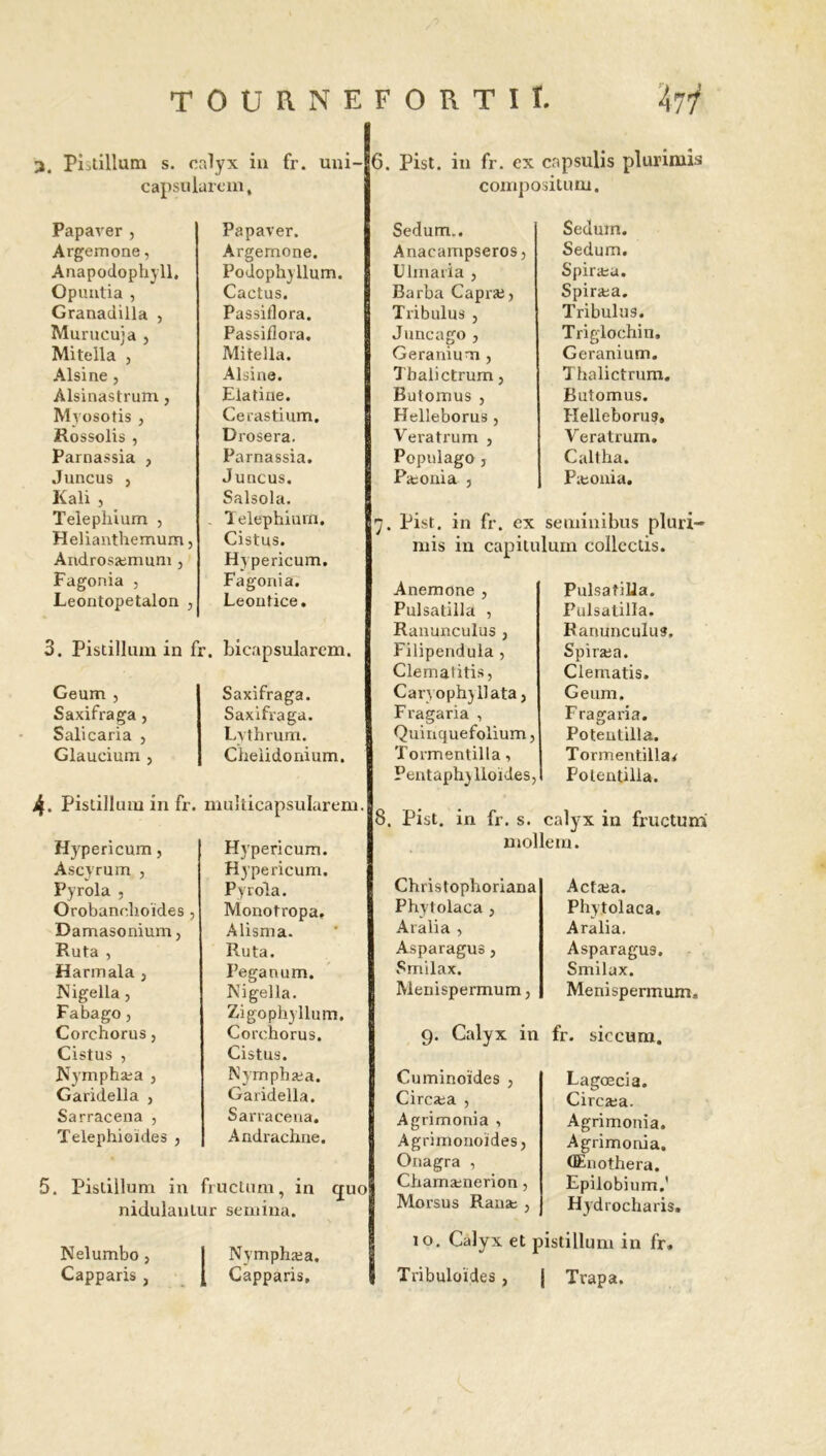 3. PLtillum s. calyx in fr. uni- capsularem. 6. Pist. in fr. ex capsulis plurimis compositum. Papaver , Argemone, Anapodophyll. Opuntia , Granadilla , Murucuja , Mitella , Alsine , Alsinastrum, Myosotis , Rossolis , Parnassia , Juncus j Kali , Telephium , Helianthemum Androsæmum , Fagonia , Leontopetalon Papaver. Argemone. Podophyllum. Cactus. Passiflora. Passiflora. Mitella. Alsine. Elatine. Cerastium. Drosera. Parnassia. Juncus. Salsola. Telephium. Cistus. Hypericum. Fagonia. Leontice. 3. Pistillum in fr. bicapsularem. Geum , Saxifraga, Salicaria , Glaucium , Saxifraga. Saxifraga. Lythrum. Cheiidonium. 4- Pistillum in fr. muîticapsularem Hypericum, Ascyrum , Pyrola , Orobanehoïdes . Damasonium, Ruta , Harmala 3 Nigella , Fabago, Corchorus, Cistus , Nymphæa , Garidella , Sarracena , Telephioïdes , Hypericum. Hypericum. Pyrola. Monotropa. Alisma. Ruta. Peganum. Nigella. Zigophyllum. Corchorus. Cistus. Nymphæa. Garidella. Sarracena. Andrachne. 5. Pistillum in fruclum, in quo nidulanlur sernina. Nelumbo } Capparis , Nymphæa. Capparis, Sedum.. Anacampseros, Ulmaria , Barba Capræ} Tribulus , Juncago , Géranium, Tbalictrum, Butomus , Helleborus , Veratrum , Populago j Pæonia , Seduin. Sedum. Spiræa. Spiræa. Tribulus. Triglochin. Géranium. Tbalictrum. Butomus. Helleborus, Veratrum, Caltha. Pæonia. 7. Pist. in fr. ex seminibus pluri- mis in capitulum collcctis. Anemone , Pulsatilla , Ranunculus , Filipendula , Clematitis, Caryophy Il ata 3 Fragaria , Quinquefolium, Tormentilla, Pentaph) lloides, PulsatiUa. Pulsatilla. Ranunculus, Spiræa. Clematis. Geum, Fragaria. Potentilla. Tormentilla* Potentilla. 8. Pist. in fr. s. calyx in fructum molle rn. Christophoriana Phytolaca 3 Aralia , Asparagus, Smilax. Menispermum, Acfæa. Phytolaca. Aralia. Asparagus. Smilax. Menispermum, 9. Calyx in fr. siccum. Cuminoïdes 3 Circæa , Agrimonia , Agrimonoides, Onagra , Chamænerion, Morsus Ranæ , Lagœcia. Circæa. Agrimouia. Agrimonia. (Enothera. Epilobium.' Hydrocharis. 10. Calyx et pistillum in fr. Tribuloïdes , j Trapa.