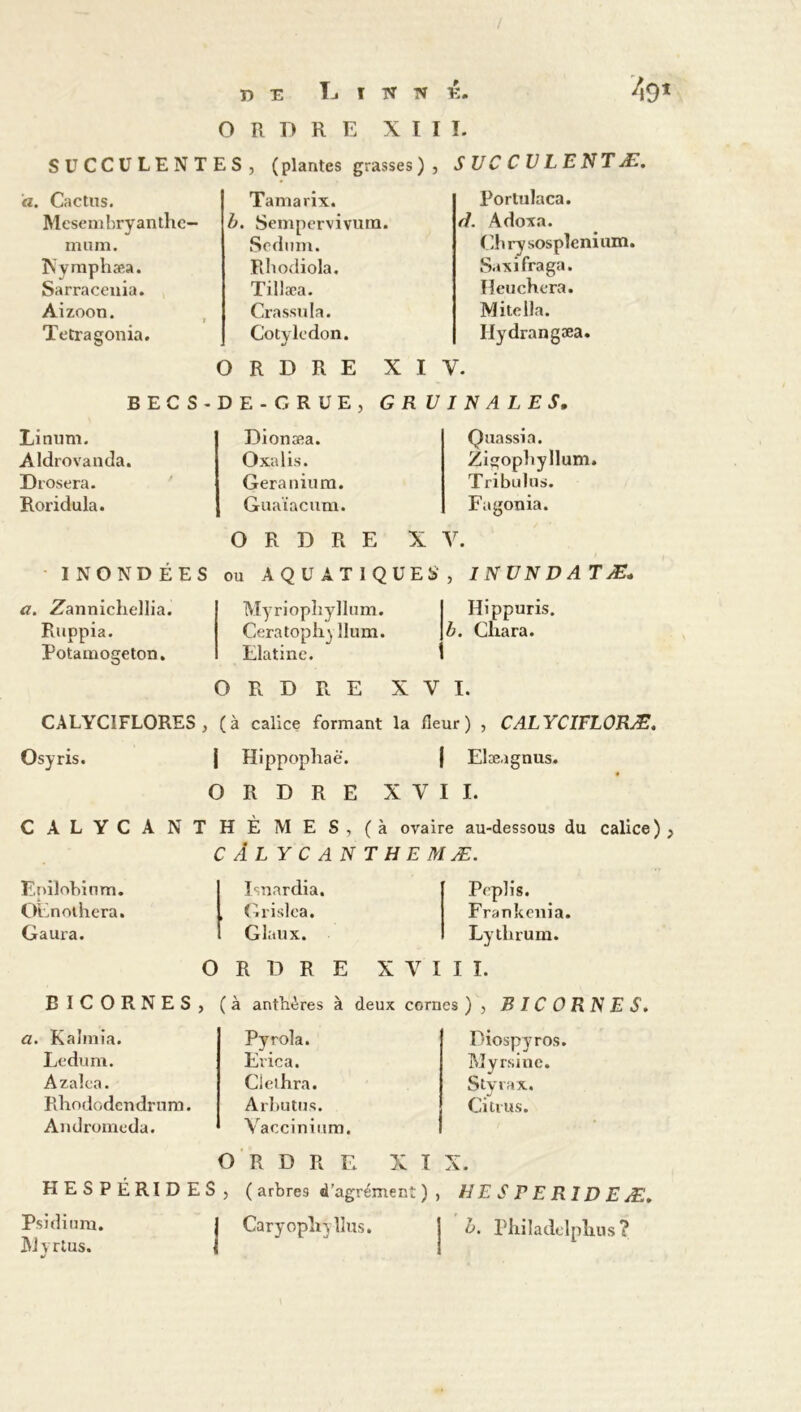 ORDRE XIII. SUCCULENTES, (plantes grasses ) , SUC CVLENTÆ. a. Cactus. Mcsembryanthc- mum. ÎSymphæa. Sarracenia. Aizoon. Tetragonia. Tamarix. b. Sempervivum. Sedum. Rhodiola. Tillæa. Crassula. Cotylcdon. J Porlulaca. d. Adoxa. Ch rv sospknium. Saxifraga. Heuchera. Mitella. Ilydrangæa. ORDRE XIV. BECS-DE -CRUE, GRUINALES. Linum. Aldrovanda. Drosera. Roridula. Dionæa. Oxalis. Géranium. Guaïacum. Quassia. Zigophyllum. Tribtdus. Fagonia. ORDRE XV. INONDÉES ou AQUATIQUES, INUNDATÆ. a. Zannichellia. Ruppia. Potamogeton. Myriopliyllum. Hippuris. Ceratophj Hum. b. Chara. Elatine. ORDRE XVI. CALYC1FL0RES , (à calice formant la fleur) , CALYCIELORÆ. Osyris. j Hippophaë. | Elæagnus. ORDRE XVII. CALYCANT HÈ MES, (à ovaire au-dessous du calice) } C ÂLYC AN T HE MÆ. Enilohinm. OEnothera. Gaura. Isnardia. , Grislea. Glaux. ORDRE Peplis. Frankcnia. Lytlirum. XVIII. anthères à deux cornes ), BICORNES. BICORNES, a. Kalmia. Ledum. Azalca. Rhododcndrum. Andromeda. HESPÉRIDES (à Pyrola. Evica. Cielhra. Arbutus. Vaccinium. ORDRE XI , (arbres d’agrément) Diospyros. Myrsinc. Styrax. Ci ti ns. X. hesterideæ. Psidium. j Caryopliyllus. I b. Philaclclplius ? i\Jyrtus. i