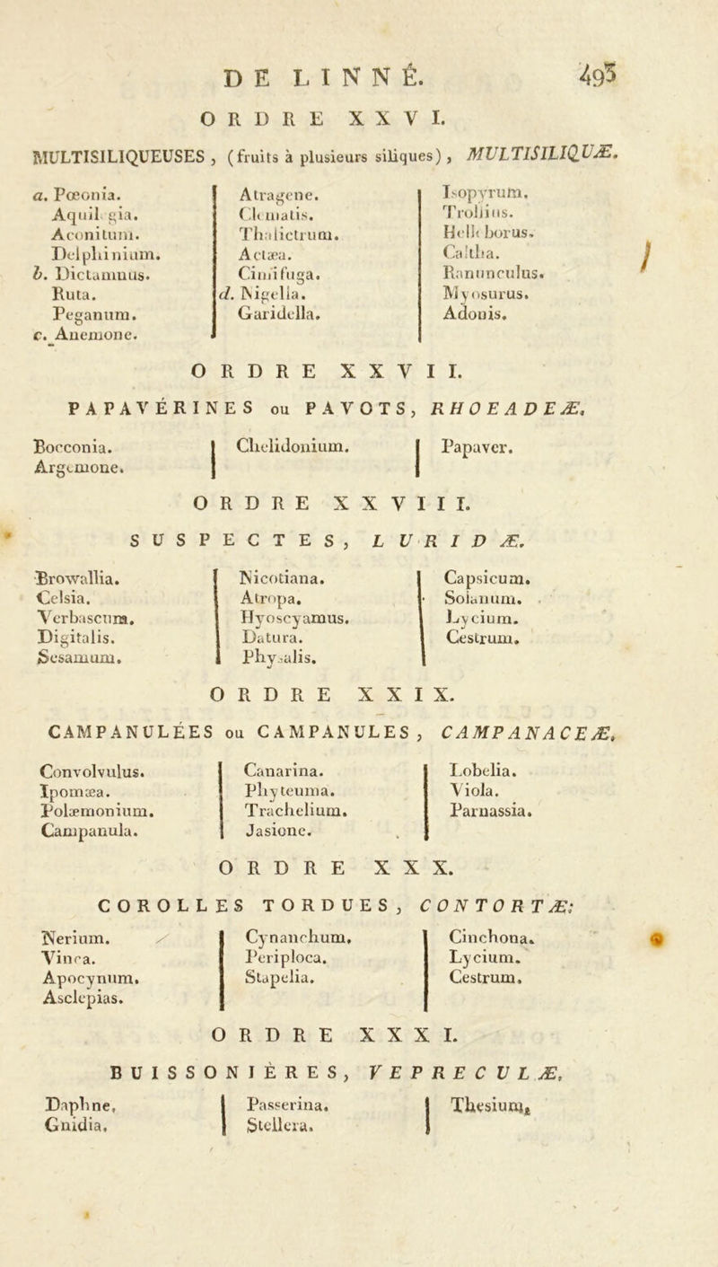 ORDRE XXVI. MULTISILIQUEUSES , (fruits à plusieurs siliques) , MUl.TlSlLlQ.bAb. a. Pœonia. Aquil gia. Aconitum. Delphinium. b. Dictamuus. Ruta. Peganum. c. Anemone. Atragene. Cl» matis. Thalietru ni. Actæa. Ci m i fuga. d. INigelia. Garidella. Isopyrum, T roljins. Hell» borus. Caltlia. Ranunculus. Myosurus. Adonis. ORDRE XXVI I. PAPA VÉRIN ES ou PAVOTS, RHOEADEÆ. Booconia. Arganone. CUelidonium. Papayer. ORDRE X X Y I I I. SUSPECTES, L U R I D Æ. Browallia. Celsia. Verbascura. Digitalis. Scsamuxu. Nicotiana. A trop a. Hyoscyamus. Datura. Phyoalis. Capsicum. Soianum. Ey cium. Cestrum. ORDRE XXIX. CAMPANULÉES ou CAMPANULES, C AMP AN AC E Æ» Convolvulus. Ipomæa. Polæmonium. Campanula. Canarina. Pli y teuina. Trachelium. Jasione. Lobelia. Viola. Parnassia. ORDRE XXX. COROLLES TORDUES, C O N T O R T Æ; Nerium. Vinra. Apocynum. Asclepias. Cynanchum, Pcriploca. Stapelia. Cinobona. Lycium. Cestrum, Daphné, Gnidia, ORDRE XXXI. BUISSONIÈRES, VEPRECVLÆ, Thesiunjt Passerina. Stellera.