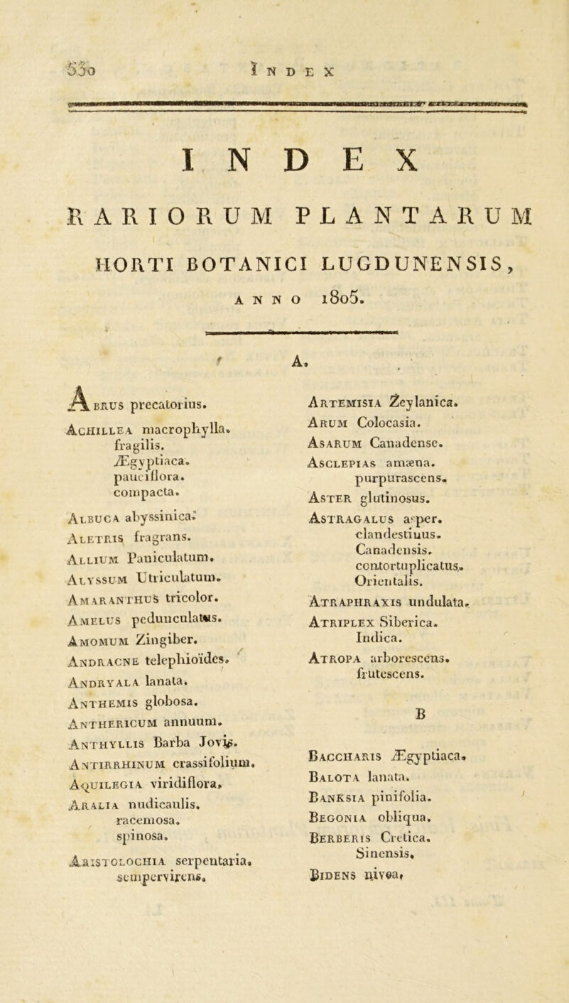 INDEX R A R I O R U M PLANTARUM HORTI BOTANICI LUGDUNENSIS, A N N O l8o5. f J^Lbrus precatorius. Achillea macrophylla. fragilis. Ægvpdaca. pauciflora. compacta. Albuca abyssin ica. ÀletRIS fragrans. Allium Paniculatum. Alvssum TJtriculatum. AmaranthuS tricolor. Amelus pcdunculatws. Amomum Zingibcr. Andracne telephioïdcs. Andryala lanata. Anthémis globosa. Anthericum annuum. Anthyllis Barba Jovÿi. AntirRHinum crassifolium. A<^uilegia viridiflora» Aralia nudicaulis. racemosa. spinosa. Aristolochia serpentaria. seuipcrvijrcns. A. Artemisia 2eylanica. Arum Colocasia. Asarum Canadcnsc. Asclepias amæna. purpurascens» Aster, glutinosus. Astragalus arpcr. clandestiuus. Canadcnsis» contortuplicatus.. Oricntalis. àtraphraxis undulata. Atriplex Siberica. Indica. Atropa arboresccns. ûutcscens. B Baccharis Ægypliaca. Balota lanata. Banksia pinifolia. Bégonia obliqua, Berberis Cretica. Sincnsis, Bidens nivoa.