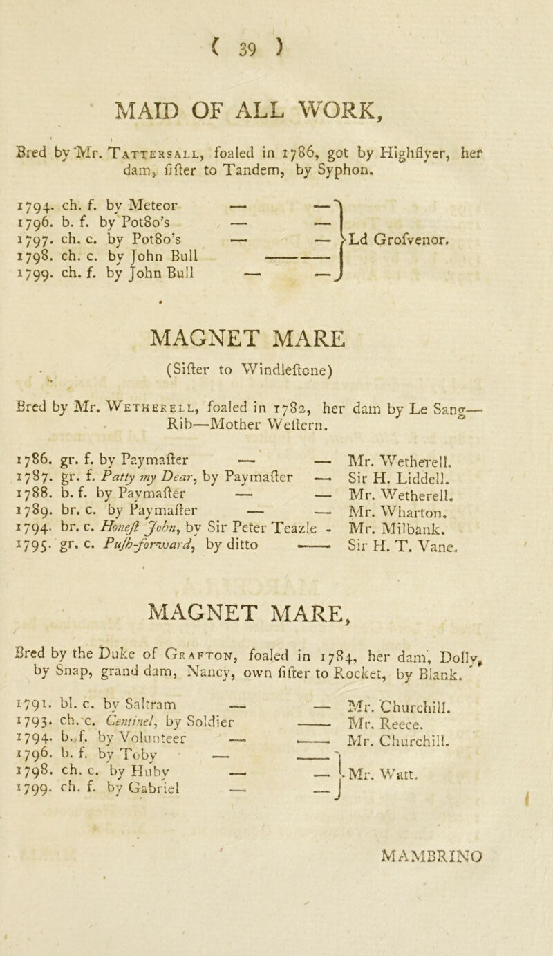 MAID OF ALL WORK, 1 l Bred by 'Mr. Tattersall, foaled in 1786, got by Highflyer, her dam, After to Tandem, by Syphon. 1794. ch. f. by Meteor — — 1796. b. f. by PotSo’s — •— I 1797. ch. c. by PotSo’s — — >Ld Grofvenor. 1798. ch. c. by John Bull I 1799. ch. f. by John Bull — —J MAGNET MARE (Sifter to Windleftcne) Bred by Mr. Wether ell, foaled in 1782, her dam by Le Sarw— Rib—Mother Weftern. 1786. gr. f. by Paymafter — — 1787* gr. f. Patty my Dear, by Paymafter — 1788. b. f. by Paymafter — — 1789. br. c. by Paymafter — — .1794. br. c. Honeji John, by Sir Peter Teazle - 1795- gr. c. Pujb-forward, by ditto —— Mr. We there 11. Sir H. Liddell. Mr. Wetherell. Mr. Wharton. Mr. Milbank. Sir H. T. Vane. MAGNET MARE, Bred by the Duke of Grafton, foaled in 1784, her dam, Dollv, by Snap, grand dam, Nancy, own lifter to Rocket, by Blank. ' 1791. bl. c. bv Saltram 1793* ch. c. Centinel, by Soldier 1794. b. f. by Volunteer 1 796. b. f. by Toby — 1798. ch. c. by Huby 1799. ch. f. by Gabriel Mr. Churchill. Mr. Reece. Mr. Churchill. ■ Mr. Watt. MAMBRINO