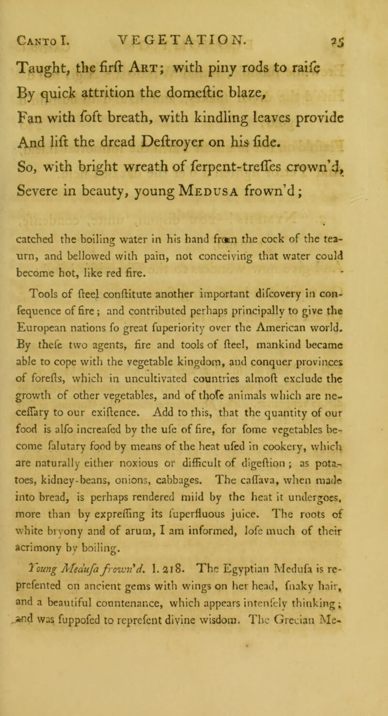 Taught, the firfl- Art; with piny rods to raile By quick attrition the domcftic blaze. Fan with foft breath, with kindling leaves provide And lift the dread Deftroyer on his ftde. So, with bright wreath of ferpent-trefles crown’d. Severe in beauty, young Medusa frown’d; catched the boiling water in his hand fr«n the cock of the tea- urn, and bellowed with pain, not conceiving that water could become hot, like red fire. Tools of fteel confiitute another important difeovery in con- fequence of fire; and contributed perhaps principally to give the European nations fo great fuperiority over the American world. By thefe two agents, fire and tools of fteel, mankind became able to cope with the vegetable kingdom, and conquer provinces of forefts, which in uncultivated countries almoft exclude the growth of other vegetables, and of thofc animals which are ne- ceflary to our exiftence. Add to this, that the quantity of our food is alfo incrcafed by the ufe of fire, for fomc vegetables be- come falutary food by means of the heat ufed in cookery, which are naturally either noxious or difficult of digeftion ; as pota- toes, kidney-beans, onions, cabbages. The caftava, when made into bread, is perhaps rendered mild by the heat it undergoes, more than by expreffing its fuperfluous juice. The roots of white bryony and of arum, I am informed, lofe much of their acrimony by boiling. Toung Medufa frovcri d, 1. ill8. The Egyptian Medufa is re- prefented on ancient gems with w'ings on her head, fnaky hair, and a beautiful countenance, which appears intenfely thinking; ^and was fuppofed to reprefent divine wisdom. The Grecian Me-