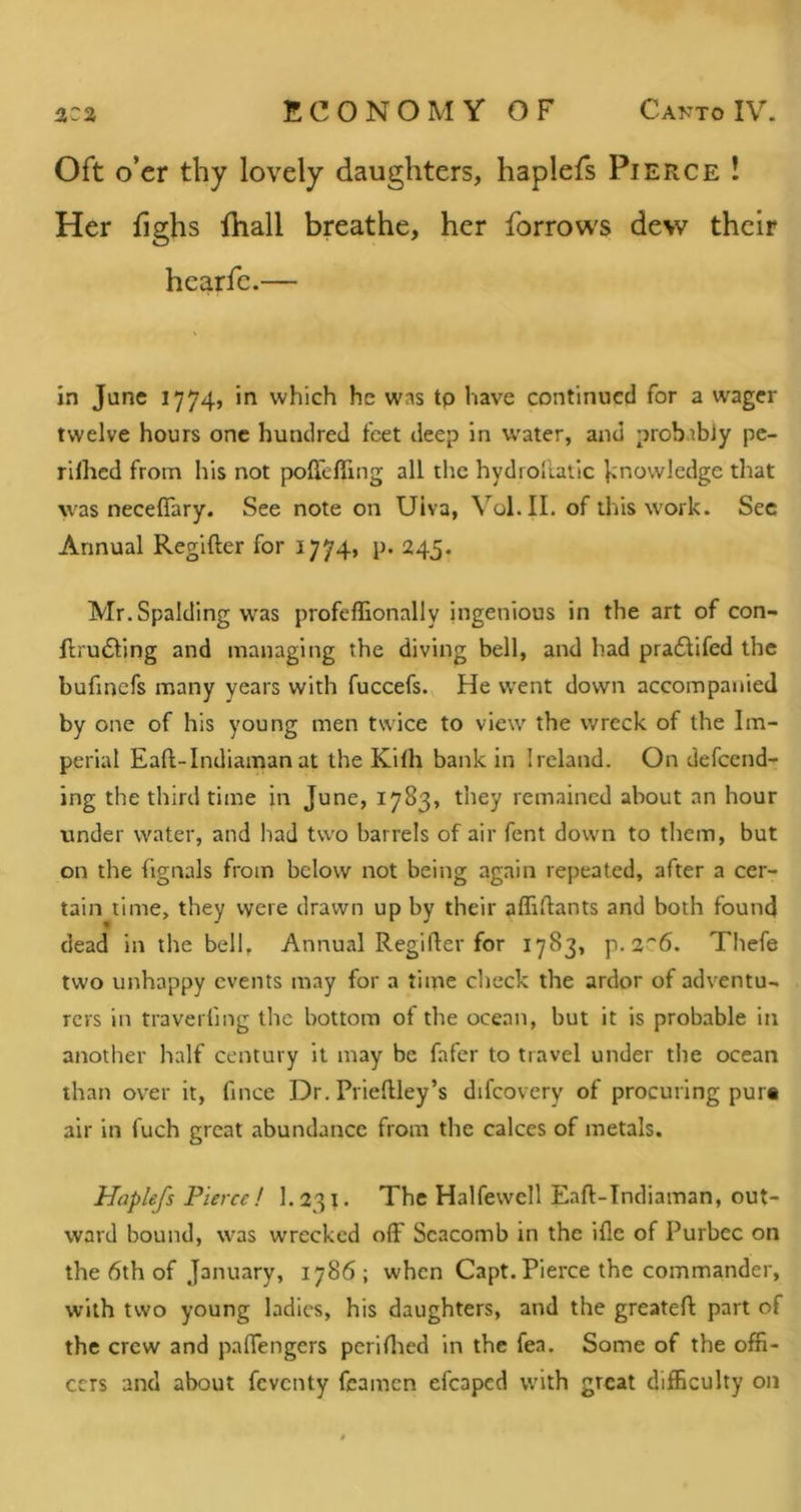 Oft o’er thy lovely daughters, haplefs Pierce ! Her fighs lhall breathe, her forrows dew their hearfc.— in June 1774, in which he wns tp have continued for a wager twelve hours one hundred feet deep in W'ater, and prob.rbly pe- rllhcd from his not pofTefling all the hydrollatic };nowledge that was neceffary. See note on Uiva, Vol.II. of this work. Sec Annual Reglfter for 1774, p. 245. Mr. Spalding was profeffionally ingenious in the art of con- flrudling and managing the diving bell, and had praddifed the bufmefs many years with fuccefs. He w'ent down accompanied by one of his young men twice to view the wreck of the Im- perial Eaft-Indiamanat the Kilh bank in Ireland. On defeend- ing the third time in June, 1783, they remained about an hour under water, and had two barrels of air fent down to them, but on the fignals from below not being again repeated, after a cer- tain rime, they were drawn up by their affiftants and both found dead in the bell. Annual Regifler for 1783, p.26. Thefe two unhappy events may for a time check the ardor of adventu- rers in travelling the bottom of the ocean, but it is probable in another half century it may be fafer to travel under the ocean than over it, fince Dr, Prieftley’s difcovery of procuring pur« air in fuch great abundance from the calces of metals. Haplefs Pierce! I.231. The Halfewell Eaft-Tndiaman, out- ward bound, was wrecked off Scacomb in the ifle of Purbec on the 6th of January, 1786 ; when Capt. Pierce the commander, with two young ladies, his daughters, and the greateft part of the crew and paffengers peridied in the fea. Some of the offi- cers and about feventy fcamcn efcaped with great difficulty on