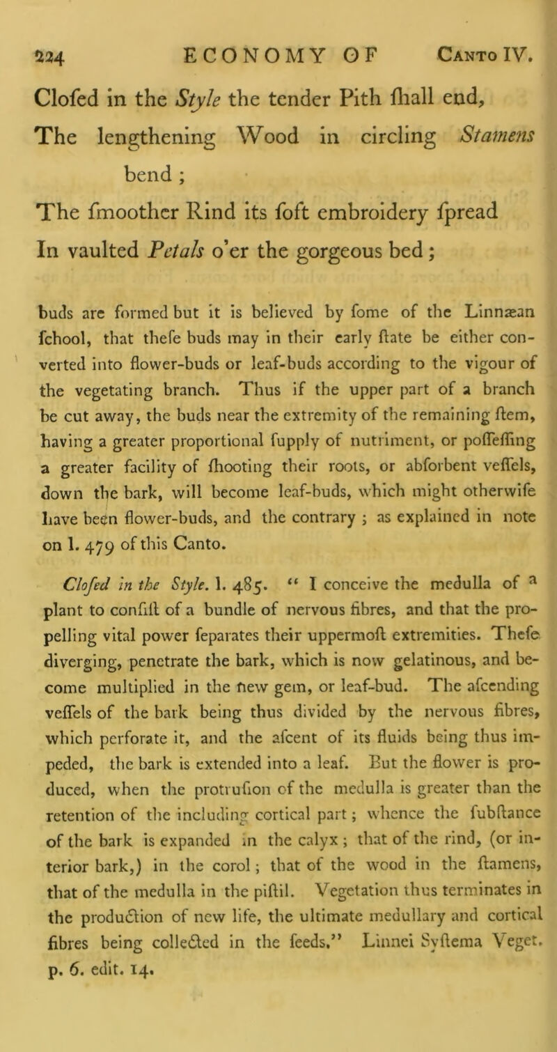 Clofed in the Style the tender Pith fliall end. The lengthening Wood in circling Stamens bend ; The fmoothcr Rind its foft embroidery fpread In vaulted Petals o’er the gorgeous bed; buds arc formed but it is believed by fome of the Linnasan fchool, that thefe buds may in their early ftate be either con- verted into flower-buds or leaf-buds according to the vigour of the vegetating branch. Thus if the upper part of a branch be cut away, the buds near the extremity of the remaining flem, having a greater proportional fupply of nutriment, or poffefling a greater facility of /hooting their roots, or abforbent ve/Tels, down the bark, will become leaf-buds, which might otherwife Lave been flower-buds, and the contrary ; as explained in note on 1. 479 of this Canto. Clofed in the Style. 1. 485. “ I conceive the medulla of ^ plant to confill of a bundle of nervous fibres, and that the pro- pelling vital power feparates their uppermoU extremities. Thefe diverging, penetrate the bark, which is now gelatinous, and be- come multiplied in the new gem, or leaf-bud. The afeending veflels of the bark being thus divided by the nervous fibres, which perforate it, and the afeent of its fluids being thus im- peded, the bark is extended into a leaf. Eut the flower is pro- duced, when the protrufion of the medulla is greater than the retention of the including cortical part; whence the fubftance of the bark is expanded m the calyx ; that of the rind, (or in- terior bark,) in the corol; that of the wood in the /lamens, that of the medulla in the piflil. Vegetation thus terminates in the produdHon of new life, the ultimate medullary and cortical fibres being colledled in the feeds.” Liunei Syftema Veget.
