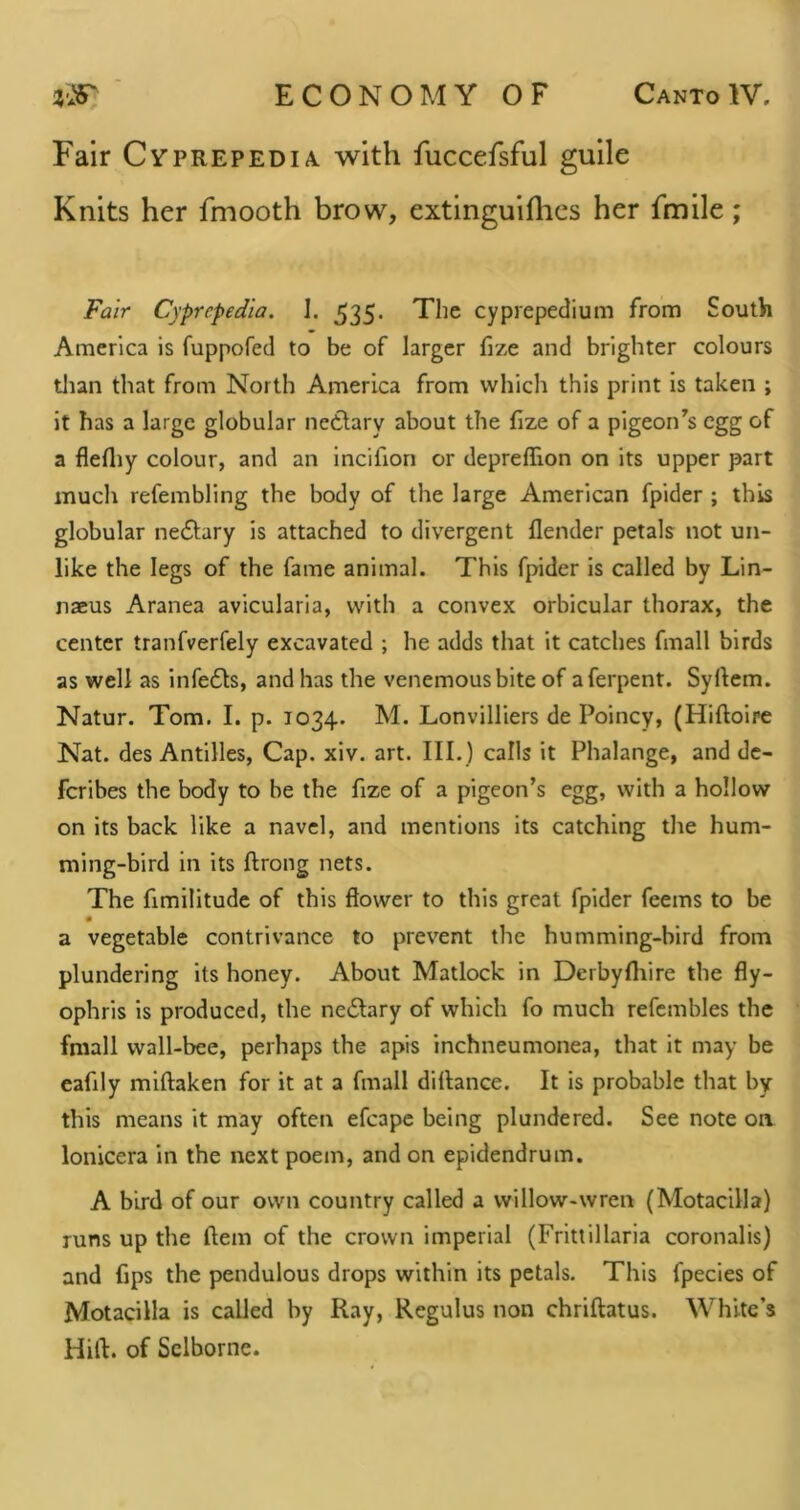Fair Cyprepedia with fuccefsful guile Knits her fmooth brow, extinguiflics her fmile; Fair Cyprepedia. J. 535. The cyprepedium from South America is fuppofed to be of larger fize and brighter colours tlian that from North America from which this print is taken ; it has a large globular netlary about the fize of a pigeon's egg of a flefliy colour, and an incifion or depreffion on its upper part much refembling the body of the large American fpider ; this globular ne6lary is attached to divergent flender petals not un- like the legs of the fame animal. This fpider is called by Lin- naeus Aranea avicularia, with a convex orbicular thorax, the center tranfverfely excavated ; he adds that it catches fmall birds as well as infe61s, and has the venemousbite of aferpent. Syllem. Natur. Tom. I. p. 1034. M. Lonvilliers de Poincy, (Hiftoire Nat. des Antilles, Cap. xiv. art. III. ) calls it Phalange, and dc- feribes the body to be the fize of a pigeon’s egg, with a hollow on its back like a navel, and mentions its catching the hum- ming-bird in its ftrong nets. The fimilltude of this flower to this great fpider feems to be a vegetable contrivance to prevent the humming-bird from plundering its honey. About Matlock in Dcrbyfliire the fly- ophris is produced, the nedlary of which fo much refcmbles the fmall wall-bee, perhaps the apis inchneumonea, that it may be eafily miftaken for it at a fmall diflance. It is probable that by this means it may often efcape being plundered. See note on lonicera in the next poem, and on epidendrum. A bird of our own country called a willow-wren (Motacilla) runs up the ftem of the crown imperial (Fritiillaria coronalis) and fips the pendulous drops within its petals. This fpecies of Motacilla is called by Ray, Regulus non chriftatus. White’s Hill, of Sclbornc.