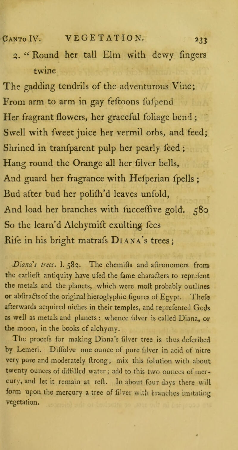 2,. ** Round her tall Elm with dewy fingers twdne The gadding tendrils of the adventurous Vine; From arm to arm in gay feftoons fufpend Her fragrant flowers, her graceful foliage bend ; Swell with fweet juice her vermil orbs, and feed; Shrined in tranfparent pulp her pearly feed; Hang round the Orange all her filver bells, And guard her fragrance with Hefperian fpells ; Bud after bud her polifh’d leaves unfold. And load her branches with fucceflive gold. 580 So the learn’d Alchymifl: exulting fees Rife in his bright matrafs Diana’s trees; Diana s trees. 1. 582. The chemifts and allronomers from, the earlieft antiquity have ufed the fame chara6lers to reprcfcnt the metals and the planets, which were moft probably outlines or abflradlsof the original hieroglyphic figures of Egypt. Thefe afterwards acquired niches in their temples, and reprefented Gods as well as metals and planets : whence filver is called Diana, or the moon, in the books of alchymy. The procefs for making Diana’s filver tree is thus defcribed by Lemeri. DiflbU'e one ounce of pure filver in acid of nitre very pure and moderately flrong; mi.x this folution with about twenty ounces of diftilled water; add to this two ounces of mer- cury, and let it remain at reft. In about fjur days there will form upon the mercury a tree of filver with tranches imitating vegetation.