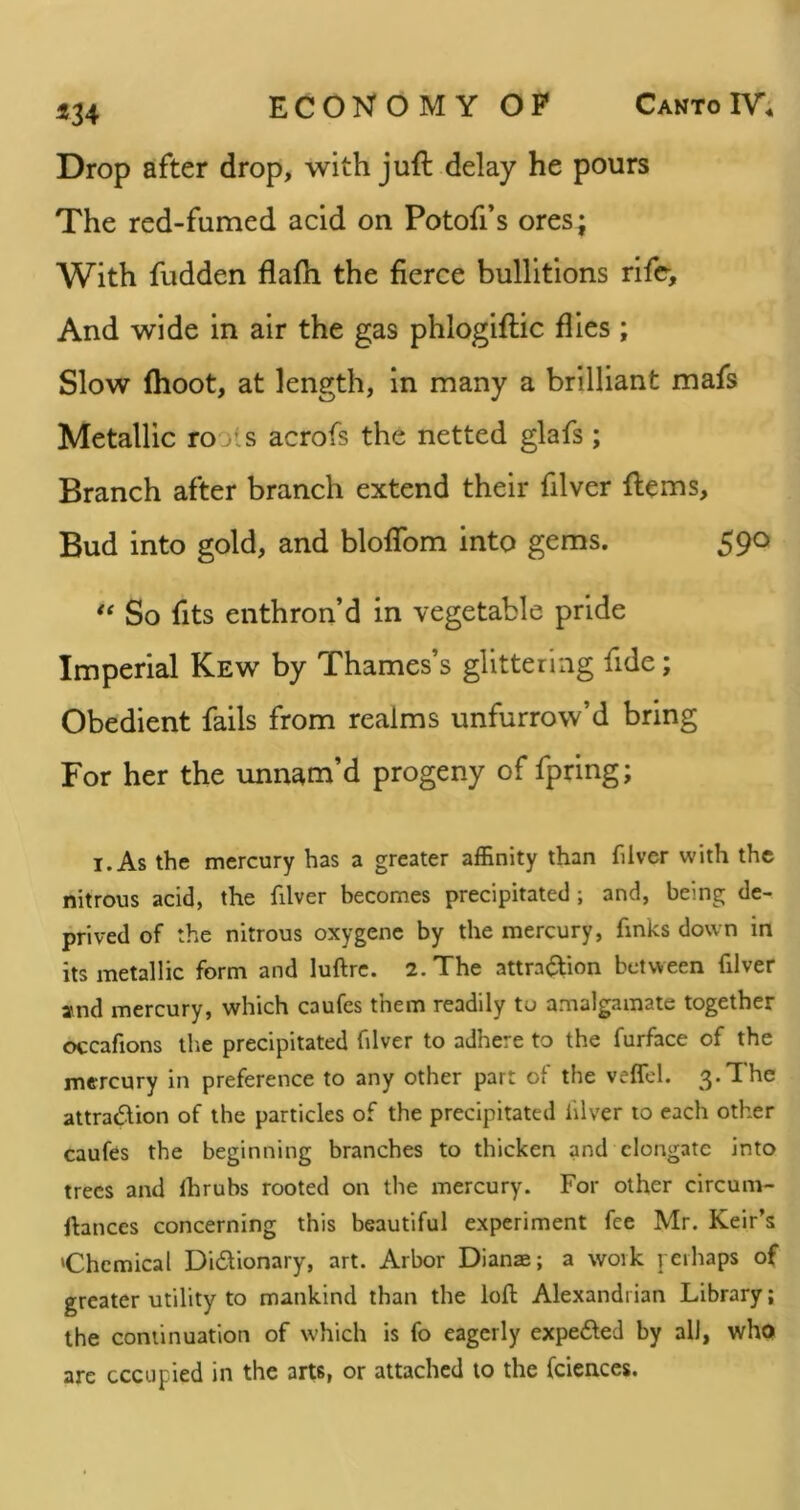 «34 Drop after drop, with juft delay he pours The red-fumed acid on Potofi’s ores; With fudden flafh the fierce bullitions rife. And wide in air the gas phlogiftic flies ; Slow (hoot, at length, in many a brilliant mafs Metallic ro jls acrofs the netted glafs ; Branch after branch extend their filver ftems. Bud into gold, and bloflbm into gems. 590 So fits enthron’d in vegetable pride Imperial Kew by Thames’s glittering fide; Obedient fails from realms unfurrow’d bring For her the unnam’d progeny of fpring; I. As the mercury has a greater affinity than filver with the nitrous acid, the filver becomes precipitated; and, being de- prived of the nitrous oxygene by the mercury, fmks down in its metallic form and luftrc. 2. The attra<flion between filver and mercury, which caufes them readily to amalgamate together occafions the precipitated filver to adhere to the furface of the mercury in preference to any other part of the veffcl. 3-The attraction of the particles of the precipitated filver to each other caufes the beginning branches to thicken and elongate into trees and Ihrubs rooted on the mercury. For other circum- ftances concerning this beautiful experiment fee Mr. Keir’s ‘Chemical Dictionary, art. Arbor Dianas; a work yeihaps of greater utility to mankind than the loft Alexandrian Library; the continuation of which is fo eagerly expeCted by all, who are cccapied in the arts, or attached to the fciences.