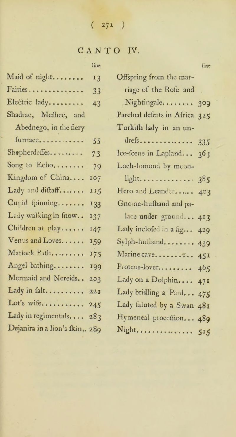 CONTENTS OF THE NOTES, CANTO I. Seeds of Canna ufed for prayer-beads 39 Stems and leaves of Callitriche fo matted together, as they float on the water, as to bear a perfon walking on them 45 The female in Collinfonia approaches firft to one of the males, and then to the other. Females in Nigella and Epilobium bend towards the males for fome days, and then leave them 51 The ftigma or head of the female in Spartium (common broom) is produced amongft the higher let of males; but when the keel-leaf opens, the piftil fuddenly twills round like a French-horn, and places the ftigma amidft the lower fet of males 57 The two lower males in Ballota become mature before the two higher; and when their dull is flied, turn outwards from the female. 1 he plants of the clafs Two Powers with naked feeds are all aromatic. Of thefe Maruni and Nepeta are delightful to cats,.,, Vol. II. T 6c