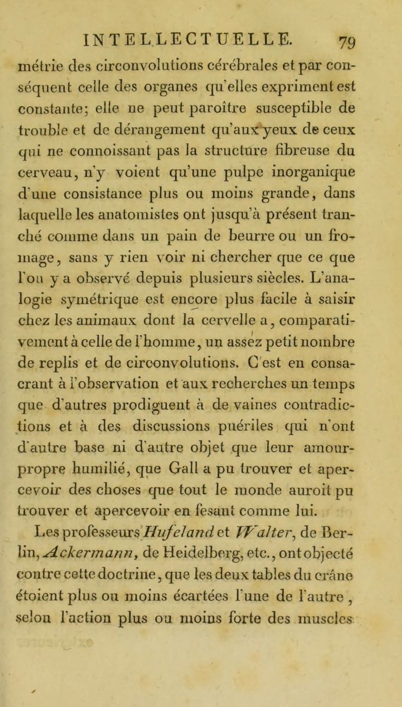 métrie des circonvolutions cérébrales et par con- séquent celle des organes qu’elles expriment est constante; elle ne peut paroître susceptible de trouble et de dérangement qu’auxyeux de ceux qui ne connoissant pas la structure fibreuse du cerveau, n’y voient qu’une pulpe inorganique d’une consistance plus ou moins grande, dans laquelle les anatomistes ont jusqu’à présent tran- ché comme dans un pain de beurre ou un fro- mage, sans y rien voir ni chercher que ce que l’on y a observé depuis plusieurs siècles. L’ana- logie symétrique est encore plus facile à saisir chez les animaux dont la cervelle a, comparati- vement à celle de l’homme, un assez petit nombre de replis et de circonvolutions. C’est en consa- crant à l’observation et aux recherches un temps que d’autres prodiguent à de vaines contradic- tions et à des discussions puériles qui n’ont d'autre base ni d’autre objet que leur amour- propre humilié, que Gall a pu trouver et aper- cevoir des choses que tout le monde auroit pu trouver et apercevoir en fesant comme lui. hesiprofesseurs Hi(f e/and et T'Valter^ de Ber- lin, ^cA<?r/72u/7/z, de Heidelberg, etc., ont objecté contre cette doctrine, que les deux tables du crâne étoient plus ou moins écartées Tune de l’autre , selon l’action plus ou moins forte des muscles