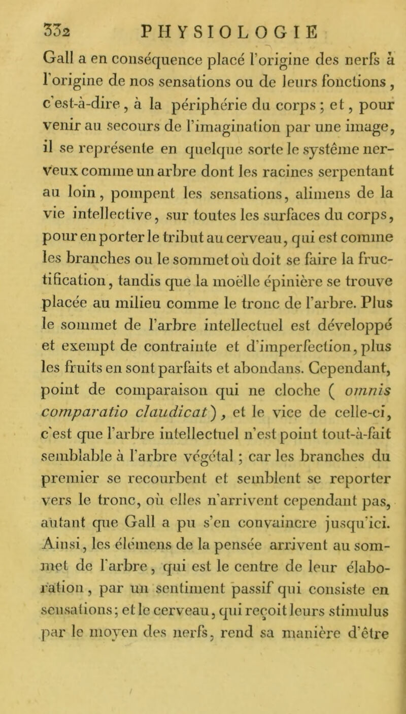 Gall a en conséquence placé l’origine des nerfs à l’origine de nos sensations ou de leurs fonctions , c’est-à-dire, à la périphérie du corps ; et, pour venir au secours de f imagination par une image, il se représente en quelque sorte le système ner- veux comme un arbre dont les racines serpentant au loin, pompent les sensations, alimens de la vie intellective, sur toutes les surfaces du corps, pour en porter le tribut au cerveau, qui est comme les branches ou le sommet où doit se faire la fruc- tification, tandis que la moelle épinière se trouve placée au milieu comme le tronc de farbre. Plus le sommet de l’arbre intellectuel est développé et exempt de contrainte et d’imperfection, plus les fruits en sont parfaits et abondans. Cependant, point de comparaison qui ne cloche ( oninîs comparatio cJaudicat'), et le vice de celle-ci, c'est que l’arbre intellectuel n’est point tout-à-fait semblable à l’arbre végétal ; car les branches du premier se recourbent et semblent se reporter vers le tronc, où elles n’arrivent cependant pas, autant que Gall a pu s’en convaincre jusqu’ici. Ainsi, les élémens de la pensée arrivent au som- met de farbre, qui est le centre de leur élabo- ration , par un sentiment passif qui consiste en sensations ; et le cerveau, qui reçoit leurs stimulus par le moyen des nerfs, rend sa manière d’être