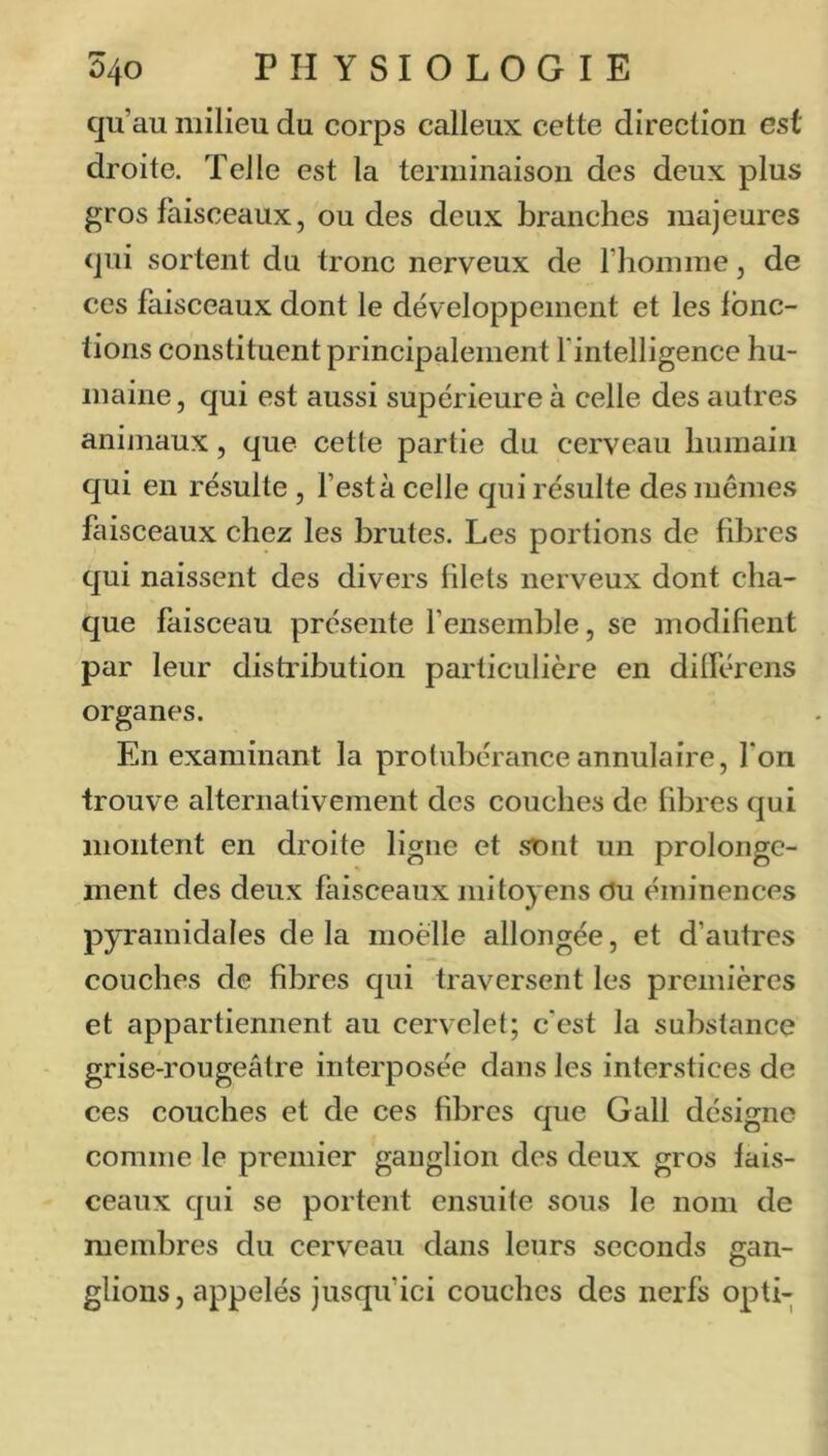 qu’au milieu du corps calleux cette direction est droite. Telle est la terminaison des deux plus gros faisceaux, ou des deux branches majeures qui sortent du tronc nerveux de l’homme, de ces faisceaux dont le développement et les fonc- tions constituent principalement f intelligence hu- maine , qui est aussi supérieure à celle des autres aniniaux, que cette partie du cerveau humain qui en résulte , l’esta celle qui résulte des mêmes faisceaux chez les brutes. Les portions de fibres qui naissent des divers filets nerveux dont cha- que faisceau présente fensemhle, se modifient par leur distribution particulière en dilférens organes. En examinant la protubérance annulaire, Ton trouve alternativement des couches de fibres qui montent en droite ligne et sont un prolonge- ment des deux faisceaux mitoyens du éminences pyramidales de la moèlle allongée, et d’autres couches de fibres qui traversent les premières et appartiennent au cervelet; c'est la substance grise-rougeâtre interposée dans les interstices de ces couches et de ces fibres que Gall désigne comme le premier ganglion des deux gros fais- ceaux qui se portent ensuite sous le nom de membres du cerveau dans leurs seconds gan- glions, appelés jusqu’ici couches des nerfs opti-