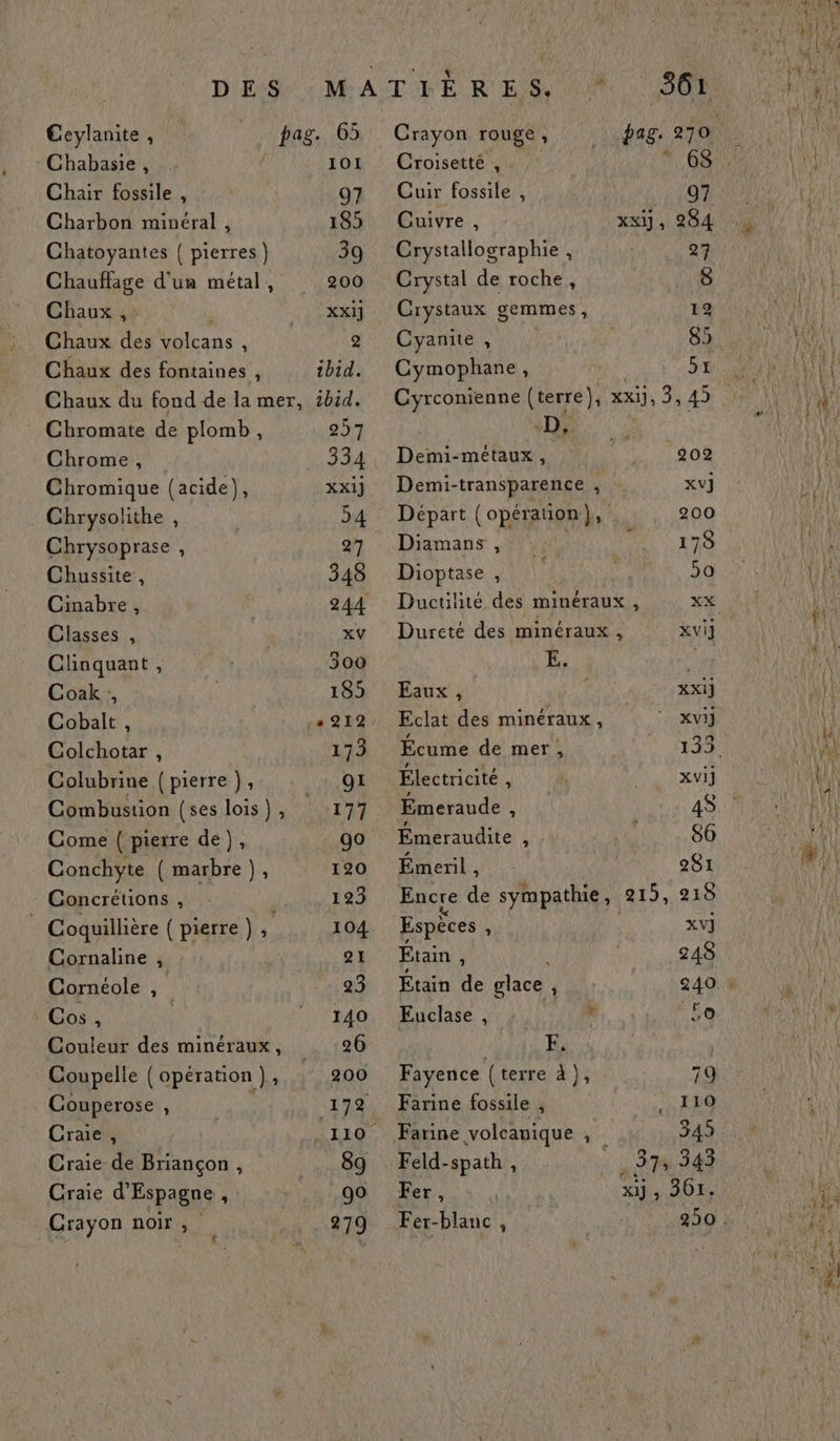 Ceylanite , pag. 65 :Chabasie, 101 Chair fossile , 97 Charbon minéral , 185 Chatoyantes { pierres) 39 Chauffage d'un métal , 200 Chaux , | XXI Chaux des volcans, 2 Chaux des fontaines , ibid. Chaux du fond de la mer, 2b1d. - Chromate de plomb, 237 Chrome, 334 Chromique (acide), XXI] Chrysolithe , 7 Chrysoprase , 27 Chussite , 348 Cinabre, | 244 Classes , XV Clinquant, 500 Coak ;, 189 Cobalt , #. 229 Colchotar , 173 Colubrine (pierre), tx OE Combustion {ses lois), 177 Come ( pierre de), 90 Conchyte ( marbre), 120 Concrétions, - 123 ; Coquillière (pierre ), 104 Cornaline , 21 Cornéole , 23 Cos, FRS Couleur des minéraux, 26 Coupelle ( opération }, 200 Couperose , 179 Craie, 1107 Craie de Briançon, 89 Craie d'Espagne , 4.08 Crayon noir , à 979 361 _ Crayon rouge, pag. 270 Croisetté , ” 6$ Cuir fossile , 97 Cuivre , xxy, 284 ‘Crystallographie , 27 Crystal de roche, 8 Crystaux gemmes, 192 Cyanite , , 85 Cymophane #7 5 Cyrconienne (terre), XX], 3, 42 Demi-métaux, ‘1 204 Demi-transparence , XV] Départ (opération L:” 200 Diamans 4 ON | r78 Dioptase , j a 50 Ductilité des minéraux, XX Dureté des minéraux, XV Eaux , : XXI} Eclat des minéraux, ‘ xvi) Écume de mer, ds Ke 0 Électricité À | XVI] Émeraude , 4$ Émeraudite , su 80 Émeril , 281 Encre de sympathie, 215, 218 Espèces , XV] Étain , 248 Étain de glace , 240. Buclase à 400 LUC ES Fayence (terre à), 79 Farine fossile , F1 HQ Farine volcanique , … 349 Feld-spath , 37: 343 Fer, xij , 301