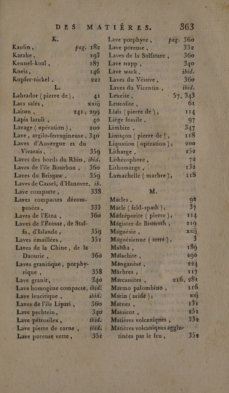 K. Kaolin, pag. 182 Karabe, 193 Keunel-koal, 187 Kneïs, 146 Kupfer-nickel , 221 L. Labrador { pierre de}, 41 Lacs sales, : XXII} Laiton , 241; 299 Lapis lazuli , 40 Lavage { operation },- 200 Lave, argilo-ferrugineuse , 340 Laves d'Auvergne et du Vivarais, 359 Laves des bords dù Rhin, ibid. Laves de l’ile Bourbon , 360 Laves du Brisgaw , 359 Laves de Cassel, d'Hanovre, 16. Lave compacte, 338. Eaves compactes décom- posées, 335 Laves de l’Etna , 360 Laves de l'Écosse , dé Staf- fa, d'Islande, 359 Laves émaillées, 351 Laves de la Chine, de la Daourie , 360 Laves granitique, porphy- Lu 358 Lave granit, 340 - Lave homogène compacte, #bid. Lave leucitique , ibid Laves de l'ile Lipari , 360 Lave pechtein, 340 Lave péirosilex, ibid: Lave pierre de corne , ibidi Lave poreuse verte, 351 Lave porphyre, Lave poreuse , tinées par le feu, 332 Laves de la Solfatare, 360 Lave trapp, 340 | Lave wack, ibid. Laves du Vésuve, 360 Laves du Vicentin , 1bid. Leucite , 57, 343 Leucolite , 61 Liais { pierre dé), 114 Liege fossile , 07 Eimbite , 347 Eimaçon ( pierre de}, 118 Liquation ( opération } ; 206 Litharge : 299 Lithéosphore, 70 Lithomarge , 132 Éumachelle ( marbre}, 118 M. Macles, , 93 Mätle ( feld-spath }, 37 Mädréporite ( pierre }; 114 Mävister de Bisrhüuth , 210 Mägnésie , XXI} Magnésienne { térré), 3 Mattha , 180 Mälachite , 300 Maänganèésé , 224 Märbres , 117 Märcassites , 216, es AUX Marmo palombin6 , 116 Marin (acidé }; XX] Maines , 13t Maësicot , 254 Maïières volcaniques Ÿ 332: