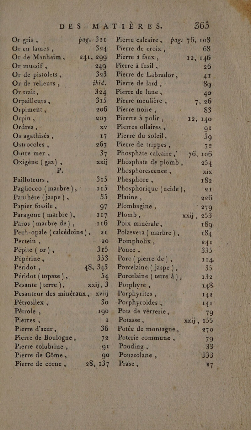 DE SX MAT I DIR E S: 5669 Or gris , pag. 391 Pierre calcaire, pag. 76, 108 Or eu lames , 524 Pierre de croix, 68 Or de Manheim, 241, 209 Pierre à faux, 12, 146 … Or mussif , 249 Pierre à fusil, 26 Or de pistolets, 323 Pierre de Labrador, 47 Or de relieurs , ibid. Pierre de lard, 8g Or trait, 324 Pierre de lune, 40 Orpailleurs, 315 Pierre meulière , 7, 26 Orpiment, 206 Pierre noire, 83 Orpin, 207 Pierrre à polir, 12, 140 ( Ordres, xv Pierres ollaires, OL Os agathises , 17 Pierre du soleil, | 39 Ostrocoles , 267 Pierre de trippes, 72 Outre mer , 37 Phosphate calcaire ;' 76, 106 Oxigene (gaz), xxij Phosphate de plomb, 254 P. Phosphorescence , XIX Pailloteurs , 315 Phesphore, 182 Pagliocco ({ marbre), 119 Phosphorique {acide h a Panthère (jaspe), 35 Platine, ‘296 Papier fossile , 97 Plombagine, ‘279 Paragone { marbre }, 117 Plomb, XXI], 2953 Paros { marbre de), 116 Poix minérale, 189 Pech-opale (calcédoine), 21 Polzevera { marbre | 0e 184 Pectein , 20 Pompholix, 2A1 Pépite (or), 315 Ponce, 335 Pépérine, : 353 Porc (pierre de}, 114. Péridot , 48, 343 Porcelaine. ( jaspe ), 35 Péridot (topaze), 54 Porcelaine (terre à), 132 Pesante {terre ), xx, 3 Porphyre, 148 Pesanteur des minéraux, xvii] Porphyrites À 142 Pétrosilex , 30 Porphyroïdes , 141 Pétrole , 190 Pois de verrerie, 79 Pierres , 1 Potasse, XX1j , 155 Pierre d'azur, 36 Potée de montagne, 270 Pierre de Boulogne, 72 Poterie commune , 79 Pierre colubrine , 91 Pouding, 33 Pierre de Côme, 90 Pouzzolane, 33. Pierre de corne, 28, 137 Prase, 27