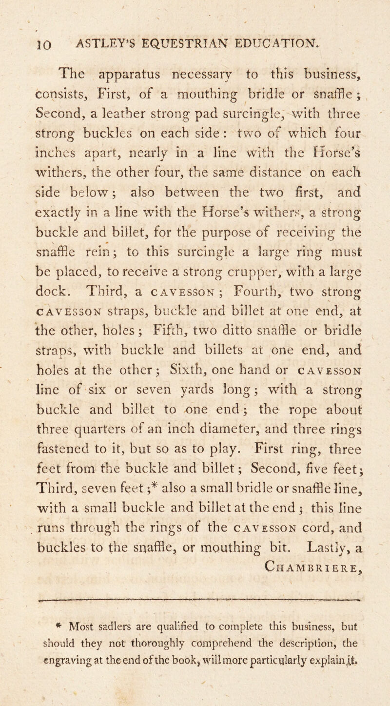 The apparatus necessary to this business, consists. First, of a mouthing bridle or snaffle ; Second, a leather strong pad surcingle, with three strong buckles on each side : two of v/hich four inches apart, nearly in a line with the Horse's withers, the other four, the same distance on each side below; also between the two first, and exactly in a line with the Horse’s withers, a strong buckle and billet, for the purpose of receiving the s ♦ snaffle rein; to this surcingle a large ring must be placed, to receive a strong crupper, with a large dock. Third, a cavesson; Fourth, two strong CAVESSON straps, buckle and billet at one end, at the Other, holes; Fifth, two ditto snaffle or bridle straps, wdth buckle and billets at one end, and holes at the other; Sixth, one hand or cavesson line of six or seven yards long; wdth a strong buckle and billet to one end; the rope about three quarters of an inch diameter, and three rings fastened to it, but so as to play. First ring, three feet from the buckle and billet; Second, five feet; Third, seven feet also a small bridle or snaffle line, with a small buckle and billet at the end ; this line . runs through the rings of the cavesson cord, and buckles to the spaffle, or mouthing bit. Lastly, a Chambriere, *■ Most sadlers are qualified to complete this business, but should they not thoroughly comprehend the description, the engraving at the end of the book, will more particularly explain ft.