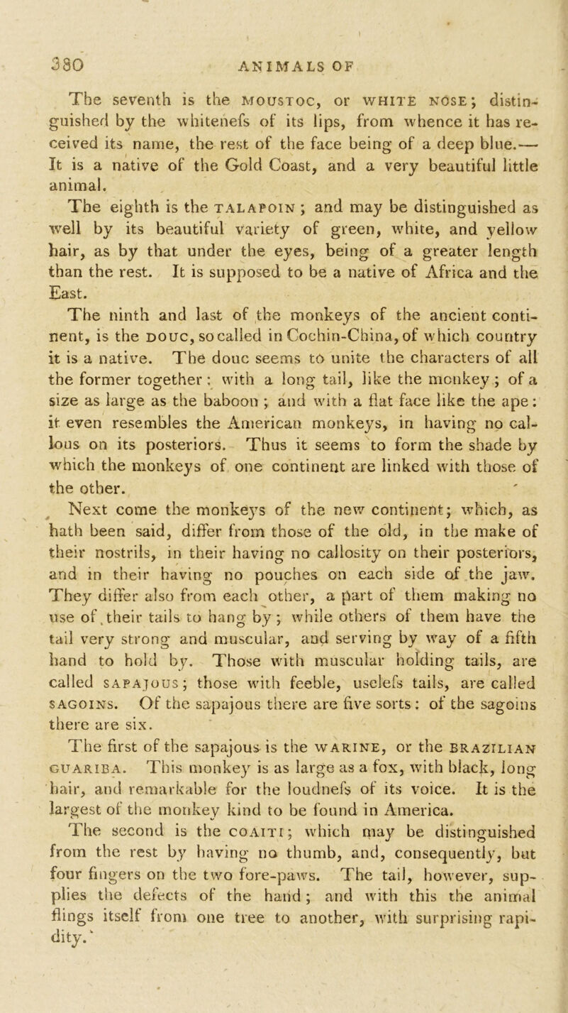 The seventh is the moustoc, or white nose; distin- guished by the whitenefs of its lips, from whence it has re- ceived its name, the rest of the face being of a deep blue.— It is a native of the Gold Coast, and a very beautiful little animal. The eighth is the talapoin ; and may be distinguished as well by its beautiful variety of green, white, and yellow hair, as by that under the eyes, being of a greater length than the rest. It is supposed to be a native of Africa and the East. The ninth and last of the monkeys of the ancient conti- nent, is the douc, so called in Cochin-China, of which country it is a native. The douc seems to unite the characters of all the former together: with a long tail, like the monkey; of a size as large as the baboon ; and with a flat face like the ape: it even resembles the American monkeys, in having no cal- lous on its posteriors. Thus it seems to form the shade by which the monkeys of one continent are linked with those of the other. Next come the monke}7s of the new continent; which, as hath been said, differ from those of the old, in the make of their nostrils, in their having no callosity on their posteriors, and in their having no pouches on each side of the jaw. They differ also from each other, a part of them making no use of .their tails to hang by; while others of them have the tail very strong and muscular, and serving by way of a fifth hand to hold by. Those with muscular holding tails, are called sapajous; those with feeble, uselefs tails, are called sagoins. Of the sapajous there are five sorts : of the sagoins there are six. The first of the sapajous is the warine, or the Brazilian guariba. This monkey is as large as a fox, with black, long hair, and remarkable for the loudnefs of its voice. It is the largest of the monkey kind to be found in America. The second is the coaiti; which ma}' be distinguished from the rest by having no thumb, and, consequently, but four fingers on the two fore-paws. The tail, however, sup- plies the defects of the hand; and with this the animal flings itself from one tree to another, with surprising rapi- dity/