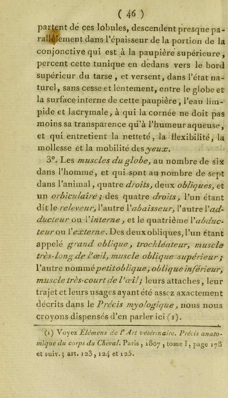 partent de ces lobules, descendent presque pa- rallèlement dans l’épaisseur de la portion de la conjonctive qui est à la paupière supérieure, percent cette tunique en dedans vers le bord supérieur du tarse , et versent, dans l’état na- turel , sans cesse et lentement, entre le alobe et la surface interne de cette paupière , l’eau lim- pide et lacrymale, à qui la cornée ne doit pas moins sa transparence qii’à l’humeur aqueuse, et qui entretient la netteté, la flexibilité, la mollesse et la mobilité desyeux;. 3°. Les muscles du globe, au nombre de six dans l’homme, et qui sont au nombre de sept dans l’animal, quatre droits, deux obliques, et un orbiculaire ; des quatre droits, l’un étant dit le releveur, l’autre Yabaisseur, l’autre Y ad- ducteur ou Y interne , et le quatrième l’abduc- teur ou Y externe. Des deux obliques, l’un étant appelé grand oblique, trochléateur, muscle très-long de l’œil, muscle oblique supérieur ; l’autre nommé petit oblique, oblique inférieur, muscle très-court de V œil ; leurs attaches, leur trajet et leurs usages ayant été assez axactement décrits dans le Précis nvyologique, nous nous croyons dispensés d’en parler ici (d). ■ — (i) Voyez Elémens de l* Art vétérinaire. Précis anato- mique du corps du Cheval. Paris , 1807 > tome I, page 178 et suiv. 5 art. j 23,124 et 125.