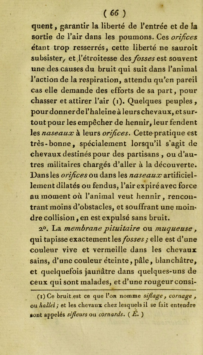 quent, garantir la liberté de l’entrée et de la sortie de l’air dans les poumons. Ces orifices étant trop resserrés, cette liberté ne sauroit subsister, et l’étroitesse des fosses e st souvent une des causes du bruit qui suit dans l’animal l’action de la respiration, attendu qu’en pareil cas elle demande des efforts de sa part, pour chasser et attirer l’air (1). Quelques peuples, pourdonnerdel’haleineà leurschevaux, etsur- tout pour les empêcher de hennir, leur fendent les naseaux à leurs orifices. Cette-pratique est très-bonne, spécialement lorsqu’il s’agit de chevaux destinés pour des partisans , ou d’au- tres militaires chargés d’aller à la découverte. Dans les orifices ou dans les naseaux artificiel- lement dilatés ou fendus, l’air expiré avec force au moment où l’animal veut hennir, rencon- trant moins d’obstacles, et souffrant une moin- dre collision, en est expulsé sans bruit. 2°. La membrane pituitaire ou muqueuse , qui tapisse exactement les fosses $ elle est d’une couleur vive et vermeille dans les chevaux sains, d’une couleur éteinte, pâle, blanchâtre, et quelquefois jaunâtre dans quelques-uns de ceux qui sont malades, et d’une rougeur consi- (i)Ce bruit est ce que l’on nomme siflage , cornage , ou hallei ; et les chevaux chez lesquels il se fait entendre sont appelés sîfleurs ou cornards. (E. )