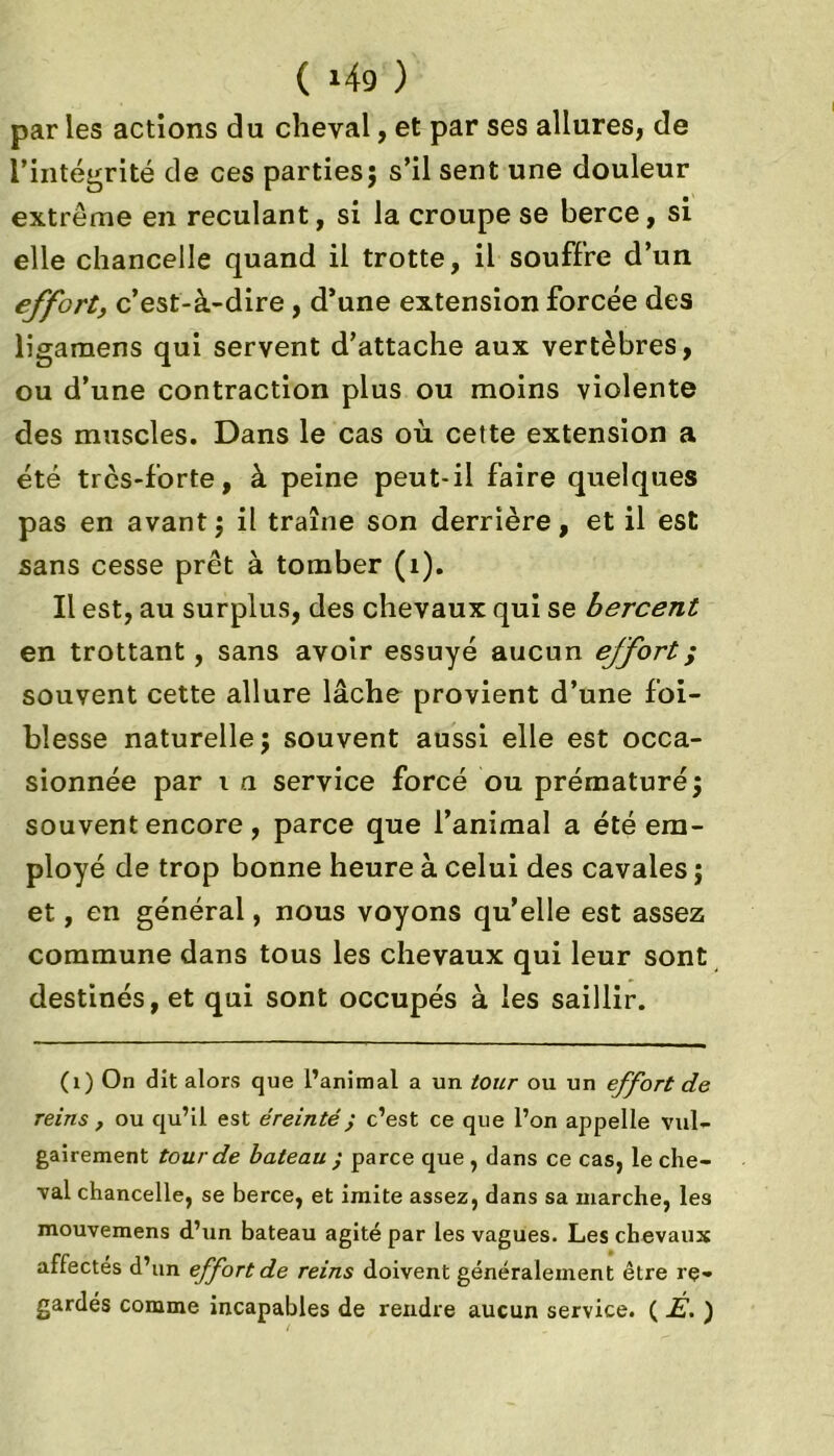 ( *49 ) par les actions du cheval, et par ses allures, de l’intégrité de ces parties; s’il sent une douleur extrême en reculant, si la croupe se berce, si elle chancelle quand il trotte, il souffre d’un effort, c’est-à-dire, d’une extension forcée des ligamens qui servent d’attache aux vertèbres, ou d’une contraction plus ou moins violente des muscles. Dans le cas où cette extension a été très-forte, à peine peut-il faire quelques pas en avant; il traîne son derrière, et il est sans cesse prêt à tomber (1). Il est, au surplus, des chevaux qui se bercent en trottant, sans avoir essuyé aucun effort ; souvent cette allure lâche provient d’une foi- blesse naturelle; souvent aussi elle est occa- sionnée par i a service forcé ou prématuré; souvent encore, parce que l’animal a été em- ployé de trop bonne heure à celui des cavales ; et, en général, nous voyons qu’elle est assez commune dans tous les chevaux qui leur sont destinés, et qui sont occupés à les saillir. (1) On dit alors que l’animal a un tour ou un effort de reins, ou qu’il est éreinté ; c’est ce que l’on appelle vul- gairement tour de bateau ; parce que , dans ce cas, le che- val chancelle, se berce, et imite assez, dans sa marche, les mouvemens d’un bateau agité par les vagues. Les chevaux affectés d’un effort de reins doivent généralement être re- gardés comme incapables de rendre aucun service. ( É. )