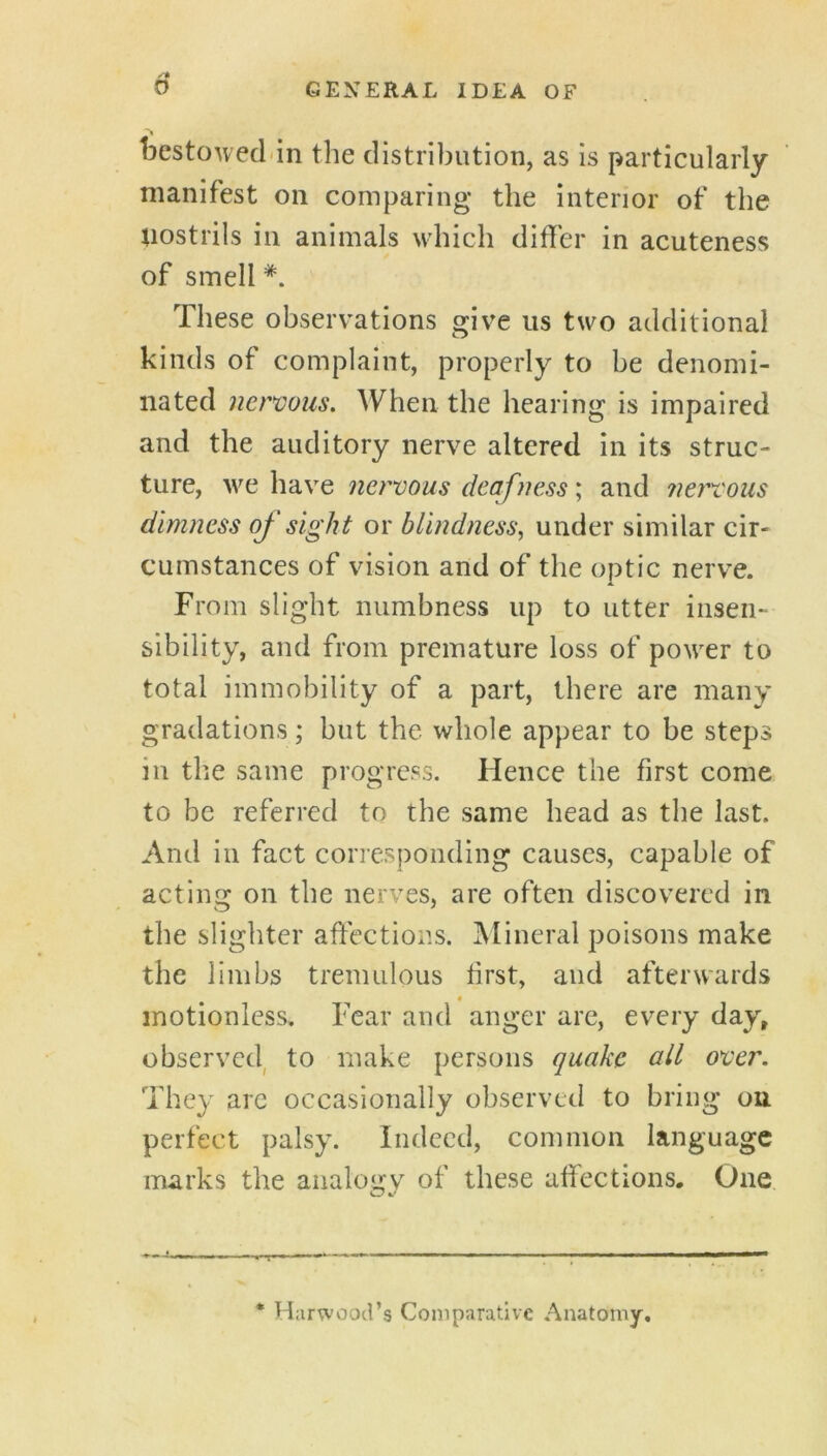 bestowed-in the distribution, as is particularly manifest on comparing the interior of the nostrils in animals which differ in acuteness of smell These observations give us two additional kinds of complaint, properly to be denomi- nated nervous. When the hearing is impaired and the auditory nerve altered in its struc- ture, we have nervous deafness; and nervous dimness of sight or blindness, under similar cir- cumstances of vision and of the optic nerve. From slight numbness up to utter insen- sibility, and from premature loss of power to total immobility of a part, there are many gradations; but the whole appear to be steps in the same progress. Hence the first come to be referred to the same head as the last. And in fact corresponding causes, capable of acting on the nerves, are often discovered in the slighter affections. Mineral poisons make the limbs tremulous first, and afterwards motionless. Fear and anger are, every day, observed to make persons quake all over. They arc occasionally observed to bring ou perfect palsy. Indeed, common language marks the analogy of these affections. One * Harwood’s Comparative Anatomy.