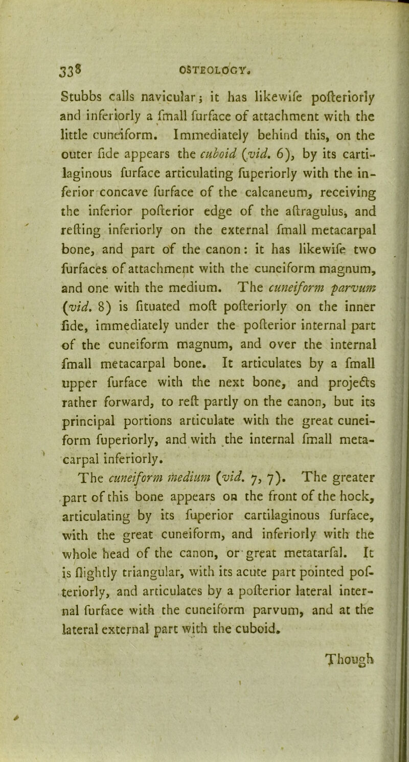 Stubbs calls navicular it has likewife pofteriorly and inferiorly a jfmall furface of attachment with the little cuneiform. Immediately behind this, on the outer fide appears the cuboid ([vid. 6), by its carti- laginous furface articulating fuperiorly with the in- ferior concave furface of the calcaneum, receiving the inferior pofterior edge of the aftragulus, and refting inferiorly on the external fmall metacarpal bone, and part of the canon: it has likewife two furfaces of attachment with the cuneiform magnum, and one with the medium. The cuneiform parvum (vid. 8) is fituated mod pofteriorly on the inner fide, immediately under the pofterior internal part of the cuneiform magnum, and over the internal fmall metacarpal bone. It articulates by a fmall upper furface with the next bone, and projects rather forward, to reft partly on the canon, but its principal portions articulate with the great cunei- form fuperiorly, and with the internal fmall meta- carpal inferiorly. The cuneiform medium (yid. 7, 7). The greater part of this bone appears on the front of the hock, articulating by its fuperior cartilaginous furface, with the great cuneiform, and inferiorly with the whole head of the canon, or great metatarfal. It is flightly triangular, with its acute part pointed pof- teriorly, and articulates by a pofterior lateral inter- nal furface with the cuneiform parvum, and at the lateral external part with the cuboid. Though