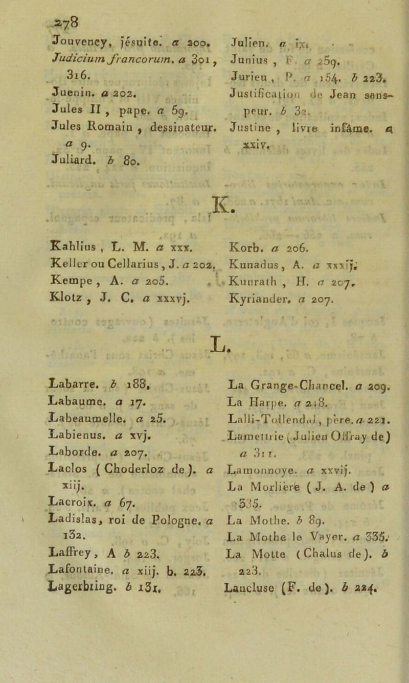 Jouvency, jésuito. a aoo. Judicium J~iancorum. a 3oi, 3i6. Juenin. a 202. Jules II , pape, a 5g. Jules Romain , dessinateur. a 9. Juliard. b 80. Julien, a i;ct Junius , F. a /59. Jurieu , P. a 1.64. b 223. Justification de Jean sans- peur. b 3a. Justine , livre infâme. 4 xx iv. Kahlius , L. M. a xxx. Korb. a 206. JCeller ou Cellarius , J. a 202. Kunadus, A. a xxxijj Kempe , A. a 2o5. , Kunrath , H. a 207. Klotz , J. C, a xxxvj. Kyriander, a 207. x Labarre. b 188, Labaume. a 17. Labeaumelle. a 25. Labienus. a xvj. Laborde. a 207. . Laclos ( Choderloz de ). a xiij. Lacroix, a 67. Ladislas, roi de Pologne, a l32. Laffrey, A b 228. Lafontaine, a xiij. b. 22,3. La Grange-Chancel. a 209. La Harpe, a 218. LalIi-TYdlend.iJ, père. «221. Lameliiie (Julien OH’ray de) a 3i r. Lamonrioye. a xxvij. La Morlièrë (J. A. de ) a ■335. La Moilie. b 89. La Mothe le Vayer. a 535: La Motte ( Chalus de), b 228.