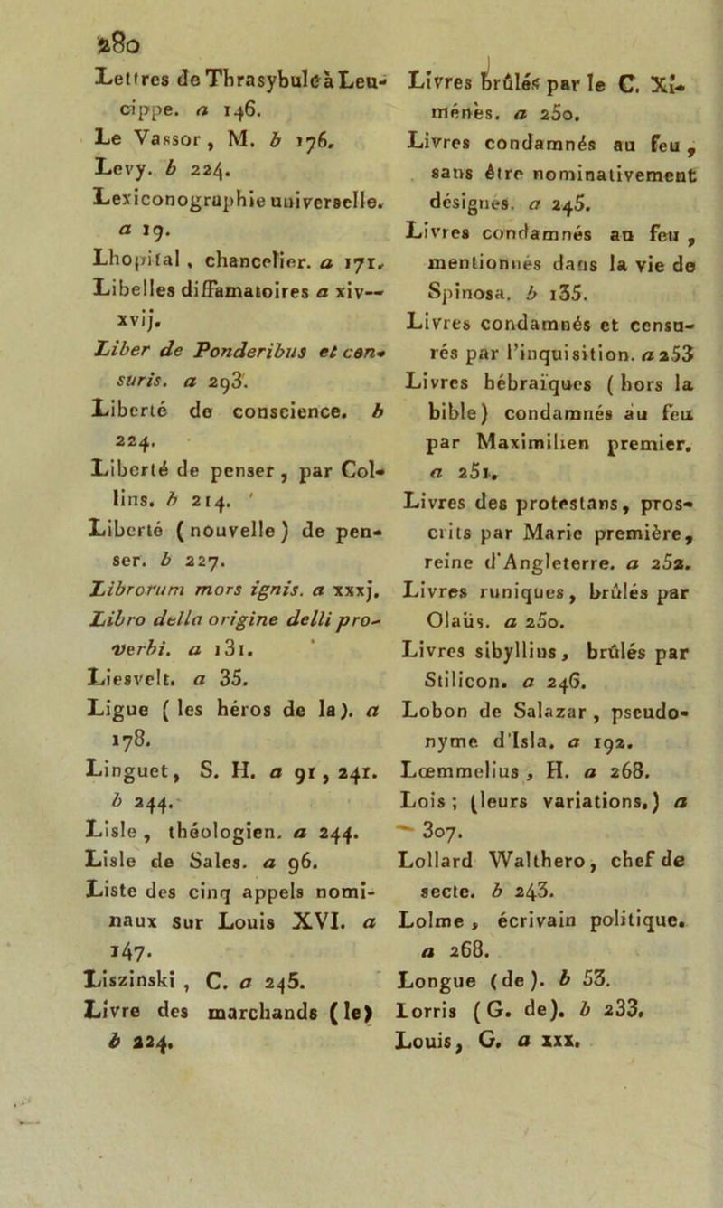 Lettres deThrasybuleàLeu- cippe. a 146. Le Vassor , M. b 176. Levy. b 224. Lexiconogruphie universelle. a 19. Lhopital , chancelier, a 171» Libelles diffamatoires a xiv— xvij. Liber de Ponderibus et cen* suris, a 293. Liberté do conscience, b 224. Liberté de penser , par Col- lins. b 214. ' Liberté ( nouvelle ) de pen- ser. b 227. Librorum mors ignis. a xxxj. Libro délia origine delli pro- Verbi. a 131. Liesvelt. a 35. Ligue ( les héros de la ). a 178. Linguet, S. H. a 91,241. b 244. Lisle , théologien, a 244. Lisle de Sales, a 96. Liste des cinq appels nomi- naux sur Louis XVI. a 147. Liszinski , C. a 245. Livre des marchands (Ie> b 224. Livres brûlés par le C. Xî- mértès. a 200. Livres condamnés au feu , sans être nominativement désignes, a 245. Livres condamnés an feu , mentionnes dans la vie de Spînosa. b i35. Livres condamnés et censu- rés par l'inquisition, a a53 Livres hébraïques ( hors la bible) condamnés au feu par Maximilien premier. a 25i. Livres des protestans, pros- crits par Marie première, reine d'Angleterre, a 25a. Livres runiques, brûlés par Olaiis. a 2Ûo. Livres sibyllins, brûlés par Stilicon. a 246. Lobon de Salazar , pseudo- nyme d'Isla. a 192. Lœmmelius , H. a 268. Lois; [leurs variations.) a 307. Lollard Walthero, chef de secte, b 243. Lolme , écrivain politique. a 268. Longue ( de ). b 53. lorris (G. de), b 233. Louis, G. a xxx.