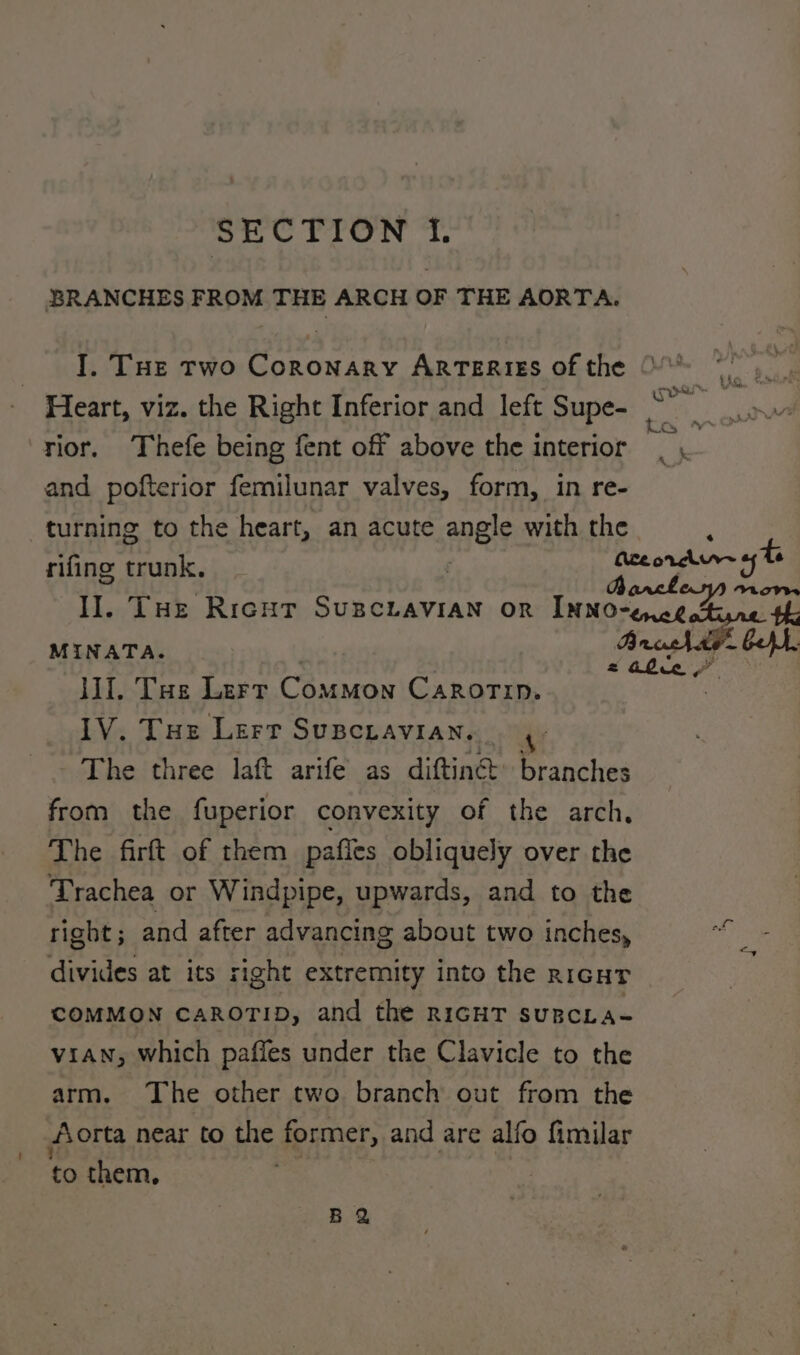 SECTION I. BRANCHES FROM THE ARCH OF THE AORTA. I. THe Two Coronary ARTERIES of the Heart, viz. the Right Inferior and left Supe- II. Tue Lert Common Carorip. IV. Tue Lerr Suscravian. The three laft arife as diftin&amp; branches from the fuperior convexity of the arch, The firft of them paffes obliquely over the Trachea or Windpipe, upwards, and to the right; and after advancing about two inches, divides at its right extremity into the RIGHT COMMON CAROTID, and the RIGHT suBCLA- VIAN; which pafles under the Clavicle to the arm. The other two branch out from the Aorta near to the former, and are alfo fimilar to them, B2 gay e i ras GOD  rior. 'Thefe being fent off above the interior a k and pofterior femilunar valves, form, in re- turning to the heart, an acute angle with the rifing trunk. | Beconsann tg II. THe Ricut S RHODE OR INNO-eneketure th MINATA. A, &amp; A4.