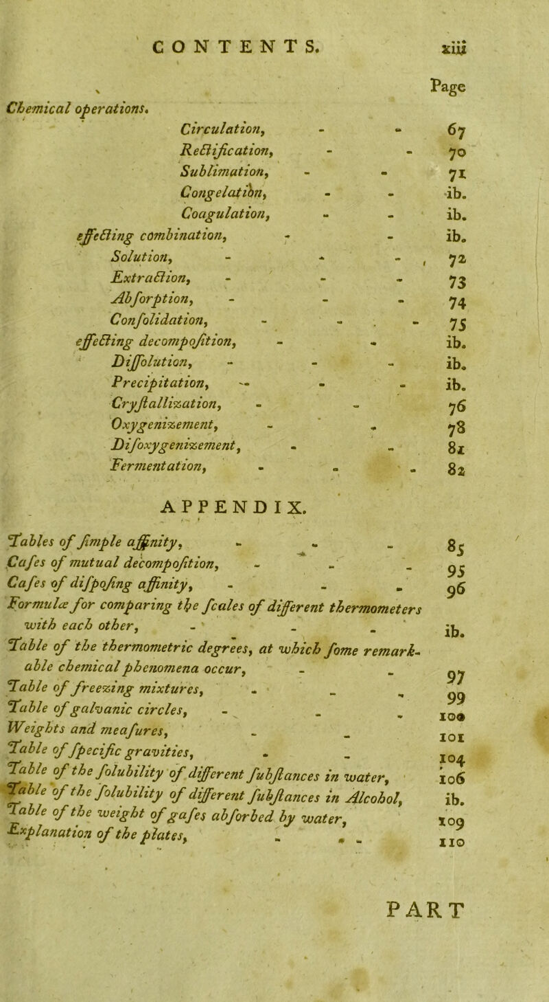 Chemical operations, Circulatio7i, ReBiJication, Suhlimationy Congelation^ Coagulation, effeBing combination. Solution, KxtraBion, Abforption, Confolidatioii, effeBing decompojition, ' Dijfolution, Precipitation, CryJlalli%ation, Oxygeni%ement, Difoxygeni%ement, Fermentation, APPENDIX. fables of fmple af^nity, - « _ Cafes of mutual de'compqfition. Cafes of difpofng affinity. Formula for comparing the fcales of different thermometers with each other, - * . _ ‘ fable of the thermometric degrees, at which fome remark- able chemical phenomena occur, fable of freeing mixtures, . • _ fable of galvanic circles, - ^ Weights and meafures, - fable of fpecific gravities, fable of the folubihty of different fubjlances in water, ^ble of the folubility of differesit fubjlances in Alcohol, fable of the weight of gafes abforked by water, Explanation of the plates, . , _ Xiu Page 67 70 71 •ib. ib. ib. 72 73 74 75 ib. ib. ib. 76 78 81 82 85 95 96 ib. 97 99 io« lOI 104 106 ib. 109 XIO PART