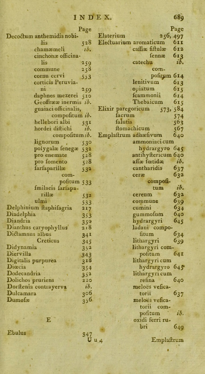 Page Deco£bum anthemidis nobi- lis 528 chamaemeli ib. cinchonae officina- lis 259 commune 258 cornu cervi 5^3 corticis Peruvia- ns 259 daphnes mezerei 510 Geoffraeae inermis ih. guaiaci officinalis, compofitum ib, hellebori albi 331 hordei dillichi ib. Page Elaterium 256, 497 Eleftuarium aromaticum 611 caffiae fiftulae 612 fennae 613 catechu ibi com- polit^m 614 613 615 614 lenitivum opiatum fcammonii Thebaicum 615 Elixir paregoricum 573j 384 facrum falutis ftomachicum 574 563 567 compofitum Emplaflrum adhaefivum 640 lignorum , 530 ammoniacicum polygal^ fenegae 532 hydrargyro 645 pro enemate 528 antihyftericum 640 pro fomento 528 affae fcetidae ib. farfaparillae 532 cantharidis 637 com- cerae 632 pofitum 533 compofi- fmilacis farfapa- tum ih. rillae 532 cereum 632 ulmi r - j commune 639 Delphinium ftaphifagria 217 cumini 634 Diadelphia 353 gummofum 640 Diandria 35® hydrargyri 645 Dianthus caryophyllus '2 t 8 ladani compo- Diftamnus albus 341 fitum ^34 Creticus 345 lithargyri 639 Didynamia Diervilla Digitalis purpurea Dioecia Dodecandria v Dolichos pruriens ' • Dorflenia contrayerva Dulcamara Dumofae 352 343 318 354 352 220 ib. qo6 336 Ebulus 347 U u 4 lithargyri com- pofitum 641 lithargyri cum hydrargyro 64^ lithargyri cum refina 640 meloes vefica- torii 637 meloes vefica- torii com- pofitum ih. oxidi ferri ru- bri 649 Emplaftrum