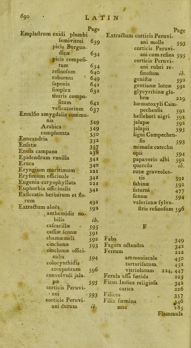 Page Emplaftrum oxidi plumbi femivitrei 639 picis JBurgun- dicae 634 picis compofi- tum 634 refinofum 640 roborans ' 649 faponis 641 fimplex 632 thuris compo- fitum 642 velicatorium 637 Emulfio amygdalis commu- nis Arabics 34^ camphorata ^30 Enneandria 2 c2 Enfatae 2 5 7 Enula campana 238 Epidendrum vanilla 341 Eruca 240 Eryngium maritimuni 221 Eryfimum officinale . 341 Eugenia caryophyllata 221 Euphorbia officinalis 341 Exficcatio herbarum et flo- rum Extraftum aloes , anthemidis no- bilis cafcarillae caffiise fennae chamaemeli cinchonae oinchonae offici- nalis colocynthidis compolitum convolvuli jala- pae corticis Peruvi- , > ani corticis Peruvi- ani durum 491 59^ a. 595 Page Extradlum corticis Peruvi- an! molle 593 corticis Peruvi- an! cum refina 595 corticis Peruvi- an! rubri re- linofum zi. geniftae 392 gentianae luteae 391 glycyrrhizae gla- brae 229 haematoxyli Cam- pechenlis 392 hellebori nigri 391 jalapae 392 jalapii 393 ligni Campechen- 593 mimofae catechu opii papaveris albi qu,ercus rutae graveolen- tis ' fabinae faturni fennae Valerianae fylve- ftris refinofum 5 96 594 59^ 2^. 591 592 477 594 592 Faba 349 593 Fagara odlandra 342 Ferrum 222 594 ammoniacale 450 tartarifatum 451 59<5 vitriolatum 224, 447 Ferula alia foetida 225 595 Ficus Indica religiofa 342 carica 226 593 Filices 357 Filix foemina 346 2^. mas 285 Flammulz