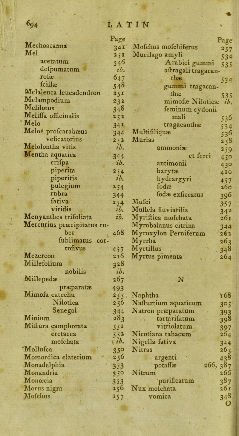 Mechoacanna Mel acetatum defpumatum rofae fcilla Melaleuca leucadendron Melampodium Melilotus Melifla officinalis ' Melo Meloe profcarabaeus velicatorius Melolontha vitis Mentha aquatica Page 341 251 546 ib. 647 548 251 2:^2 348 252 341 344 232 Page Mofchus mofchiferus 237 Mucilago amyli 3^4 Arabic! gummi 333 allragali tragacan- thae 33^ gummi tragacan- thae ^ 335 mimofae Niloticae ib. feminum cydonii mali tragacanthae Multifiliquae Murias ib. ammoniac et ferri crifpa . ib. antimonii piperita 254 barytae piperitis ib. hydrargyri pulegium 254 fodae rubra' 344 fodae exficcatus fativ'a 254 Mufci viridis ib. Muftela fluviatilis Menyanthes trifoliata Mercurius praecipitatus ru ber fublimatus cor- rofivus Mezereon Millefolium ib. 468 457 216 328 Myriftica mofchata Myrobalanus citrina Myroxylon Peruiferum Myrrha Myrtillus Myrtus pimenta 536 534 536 258 259 430 43^ 410 457 260 39^ 357 342 261 344 262 263 . 348 264 nobilis ib. Millepedae praeparatae 493 N Mimofa catechu 255 Naphtha 168 Nilotica 256 Nafturtium aquaticum 305 Senegal 344 Natron praeparatum 393 Minium ' 283 tartarifatum 398 Miftura camphorata 551 vitriolatum 397 cretacea 552 Nicotiana tabacum 264 mofchata \ tb. Nigella fativa 344 'Mollufca 350 Nitras 265 Momordica elaterium ' 256 argenti 438 Monadelphia 353 potaffae 266, 387 Monandria 350 Nitrum 266 Monoecia 353 'purificatum 387 Moms nigra 256 Nux mofchata 261 Mofchus 257 vomica 34S