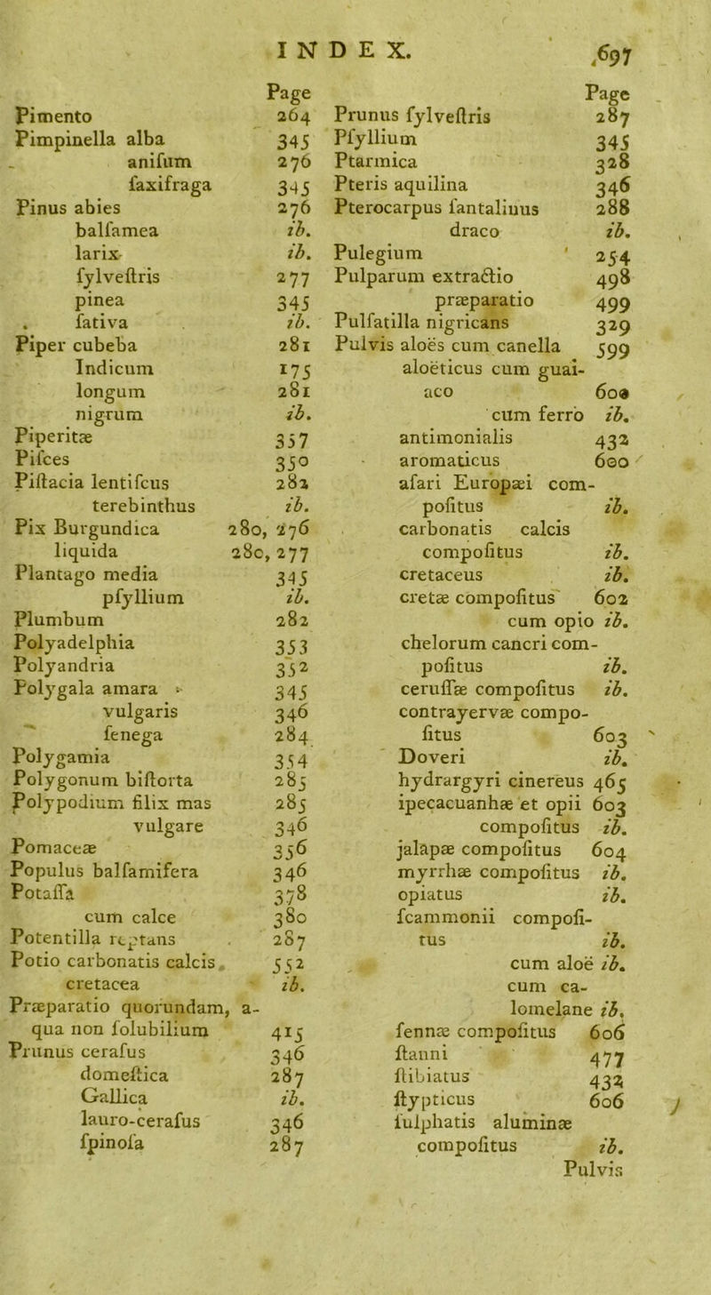 pimento Pimpinella alba anifum faxifraga Pinus abies ball'amea larix fylveftris pinea . fativa Piper cubeba Indicum longum nigrum Page 264 Prunus fylveftris 287 345 Pfyllium 345 276 Ptarmica 328 345 Pteris aquilina 345 276 Pterocarpus fantaliuus 288 ib. draco ib, ib. Pulegium ' 254 277 Pulparum extraftio 498 345 praeparatio 499 ib. Pulfatilla nigricans 329 281 Pulvis aloes cum canella 599 175 aloeticus cum guai- 281 aco 6o« ib. cum ferrb ib. Piperit® 357 antimonialis 432 Piices 350 aromaticus 6©o Piftacia lentlfcus 28a afari Europ®i com^ terebinthus ib. pofitus ib. Fix Burgundica 280, '276 carbonatis calcis liquida 0 00 compofitus ib. Plantago media 345 cretaceus ib. pfyllium ib. cret® compofitus 602 Plumbum 282 cum opio ib. Polyadelphia Polyandria Folygala amara t- vulgaris fenega Polygamia Polygonum biftorta Polypodium filix mas vulgare Pomace® Populus balfamifera Potafla cum cake Potentilla rcptaus Potio carbonatis calcis cretacea Pr®paratio quorundam, qua non folubilium Prunus cerafus domeftica Gallica lauro-cerafus fpinol'a a- 353 352 345 346 284 354' 285 285 346 356 346 378 380 287 552 lb. 415 346 287 ib. 346 287 chelorum cancri com- politus ib. ceruff® compofitus ib. contrayerv® compo- fitus 603 Dover! ib. hydrargyri cinereus 465 ipecacuanh® et opii 603 compofitus ib. jalap® compofitus 604 myrrh® compofitus ib. opiatus ib, fcammonii compofi- tus ib. cum aloe ib. cum ca- lomelane ib. fenn® compofitus 606 ftanni 477 fiibiatus 432 ftypticus 606 i'ulphatis alumin® compofitus ib. Pulvis