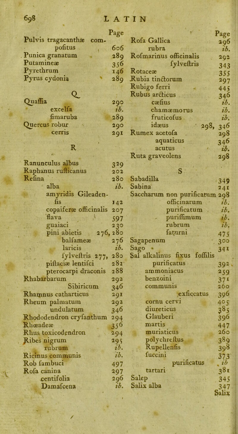 Pulvis tragacanthae com- Page - Page Rofa Gallica 0 296 pofitus ^ 606 rubra ✓ ib. Punica granatum 289 Rofmarinus officinalis 292 Putamineae 356 fylveftris 343 Pyrethrum 146 Rotaceae 355 Pyrus cydoiila 289 Rubia tin£lorum Rubigo ferri 297 445 0. Rubus arfticus 34^ Quaflia 290 caefius ib. excelfa ib. chamaemorus ib. fimaruba 289 fruticofus ib. Quercus robur 290 idaeus 298, 346 cerris 291 Rumex acetofa 298 R aquaticus 346 acutus ' ib. Ranunculus albus 329 Ruta graveolens 298 Raphanus rufticanus 202 S Refina 280 Sabadilla 349 alba ib. Sabina 241 amyridis Gileaden- Saccharum non purificatum 298 fis 142 officinarum tb. copaiferse officinalis 207 purificatum . ib. fiava A 597 puriffimum ib. guaiaci 230 rubrum lb. pini abietis 276, , 280 famrni 475 balfameae 276 Sagapenum 300 > laricis lb. Sago • 341 fylveftris 277, 280 Sal alkalinus fixus foffilis piftaciae lentifci 282 purificatus 392. pterocarpi draconis 288 ammoniacus 259 Rhabarbarum 292 benzoini 37^ Sibiricum 346 communis 260 Rhaijinus catharticus 291 ,exficcatus 396 Rheum palmatum 292 cornu cervi 405 undulatum 346 diureticus 385 Rhododendron cryfanthum 294 Glauberi 396 Rhoeadeae 356 niartis 447 Rhus toxicodendron 294 muriaticus 260 ^ibes nigrum 29s polychreftus 389 rubrum ib. Rupellenfis 398 Ricinus communis ib. fuccini 373 Rob fambuci 497 purificatus Rofa canina 297 tartari 381 centifolia 296 Salep 345 Damafcena ib. Salix alba 347 Salix /