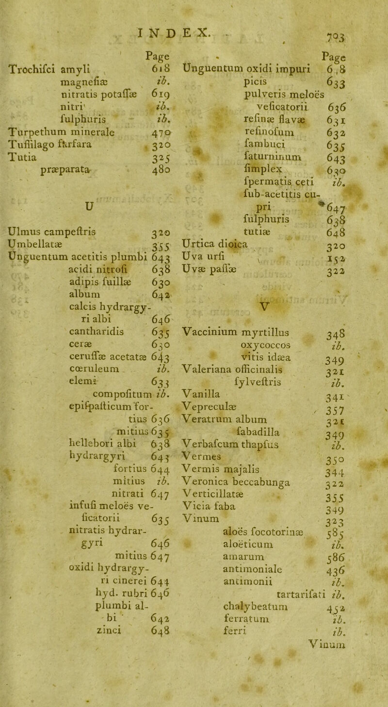 703 1 Page Trochifci amyli , 618 magnefiac ib. nitratis potalTae 6ig nitri' ih. fulphuris ib. Turpetbum minerale 470 Tuffilago fttrfara 320 T utia 3^5 praeparata 480 U Ulmus campeftris 32Q Umbellatae 3^1 Unguentum acetitis plumbi 643 acidi nitrofi 638 adipis fuillae 630 album 642 calcis hydrargy- n albi 646 cantharidis 635 cerae 6^0 ceruflae acetatae 643 coeruleum ib. elemi 633 • Page Unguentum oxldi impuri 6,8 picis 633 pulveris meloes veficatorii 636 refinee flavae 631 reiinofum 632 fambuci 635 faturninum 643 fimplex 6:^0 fpermatis. c^ti ib. fub-acetitis cu- pri ^647 fulphuris 638 tutiae 648 Urtica dioica Uva urb ^ Uv« pafl'se 320 32a compofitUTXi ib. epitpalticum for- tius 636 mitius 63 5 liellebori albi 638 hjdrargyri 64 3 fortius 644 mitius ib. nitrati 647 infufi meloes ve- ficatorii 635 nitratis hjdrar- gjri 646 mitius 647 oxidi hjdrargy- ri cinerei 644 hyd. rubri646 plumbi al- bi 642 zinci 648 V Vaccinium myrtillus oxycoccos vitis id$a Valeriana officinalis fylveftris Vanilla V epreculae Veratrum album fabadilla V erbafcum thapfus Vermes Vermis majalis Veronica beccabunga Verticillatae Vicia faba Vinum aloes focotorlnai aloeticum am arum antimoniale antimonii tartarifati ib, chalybeatum 43 ^ ferratum ih. ferri ib. VInam 348 lb, 349 321 ib. 341 357 32c 349 ib. 350 344 322 35S 349 323 585 tb, 586 43^ ib.