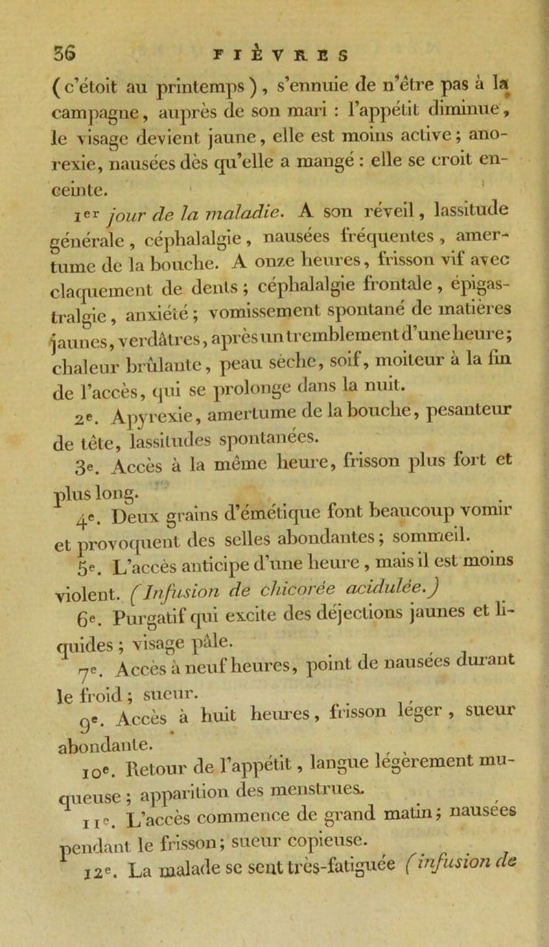 ( c’éloit au printemps ) , s’ennuie de n’être pas à la campagne, auprès de son mari : l’appétit diminue, le visage devient jaune, elle est moins active; ano- rexie, nausées dès cpi’elle a mangé : elle se croit en- ceinte. Ier jour de la maladie. A son réveil, lassitude générale , céphalalgie , nausées fréquentes , amer- tume de la bouche. A onze heures, frisson vif avec claquement de dents ; céphalalgie frontale, épigas- tralgie, anxiété ; vomissement spontané de matières jaunes, verdâtres, après un tremblement d’une heure ; chaleur brûlante, peau sèche, soif, moiteur à la lin de l’accès, qui se prolonge dans la nuit. 2^. A pyrexie, amertume de la bouche, pesanteur de tête, lassitudes spontanées. 3e. Accès à la même heure, frisson plus fort et plus long. 4e. Deux grains d’émétique font beaucoup vomir et provoquent des selles abondantes; sommeil. 5e. L’accès anticipe d’une heure, mais il est moins violent. (Infusion de chicorée acidulée.) 6e. Purgatif qui excite des déjections jaunes et li- quides ; visage pâle. ye. Accès à neuf heures, point de nausees durant le froid ; sueur. Qe. Accès à huit heures, frisson leger , sueur abondante. , , I0e. Retour de l’appétit, langue legerement mu- queuse ; apparition des menstrues. jie. L’accès commence de grand matin; nausees pendant le frisson; sueur copieuse. 12e. La malade se sent trè$-fatiguée (infusion de