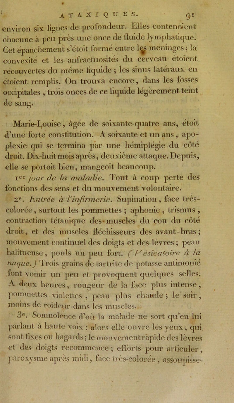 environ six lignes de profondeur. Elles contenoient chacune a peu près une once de dinde lymphatique. Cel épanchement s’étoit formé entre 1<^ méninges ; la convexité et les anfractuosités du cerveau étoient recouvertes du même liquide ; les sinus latéraux en étoient remplis. On trouva encore, dans les fosses occipitales , trois onces de ce liquide légèrement teint de sang. Marie-Louise, Agée de soixante-quatre ans, étoit d’une forte constitution. A soixante et un ans, apo- plexie qui se termina par une hémiplégie du côté droit. Dix-huit mois après, deuxième attaque.Depuis, elle se portoit bien, mangeoil beaucoup. Ier jour de la maladie. Tout à coup perte des fonctions des sens et du mouvement volontaire. 2e. Entrée à Vinfirmerie. Supination, face très- colorée , surtout les pommettes ; aphonie , trismus , contraction tétanique des-muscles du cou du côté droit, et des muscles lléchisseurs des avant-bras; mouvement continuel des doigts et des lèvres ; peau halitueuse, pouls un peu fort. ( Vésicatoire à la nuque.) Trois grains de tartrite de potasse antimonié font vomir un peu et provoquent quelques selles. A deux heures, rougeur de la face plus intense, pommettes violettes , peau plus chaude ; le soir , moins de roideur dans les muscles.. 3e. Somnolence d’où la malade ne sort qu’en lui parlant à haute voix : alors elle ouvre les yeux, qui sont fixes ou hagards ; le mouvement rapide des lèvres et des doigts recommence ; efforts pour articuler, paroxysme après midi, face très-colorée, assoupisse-