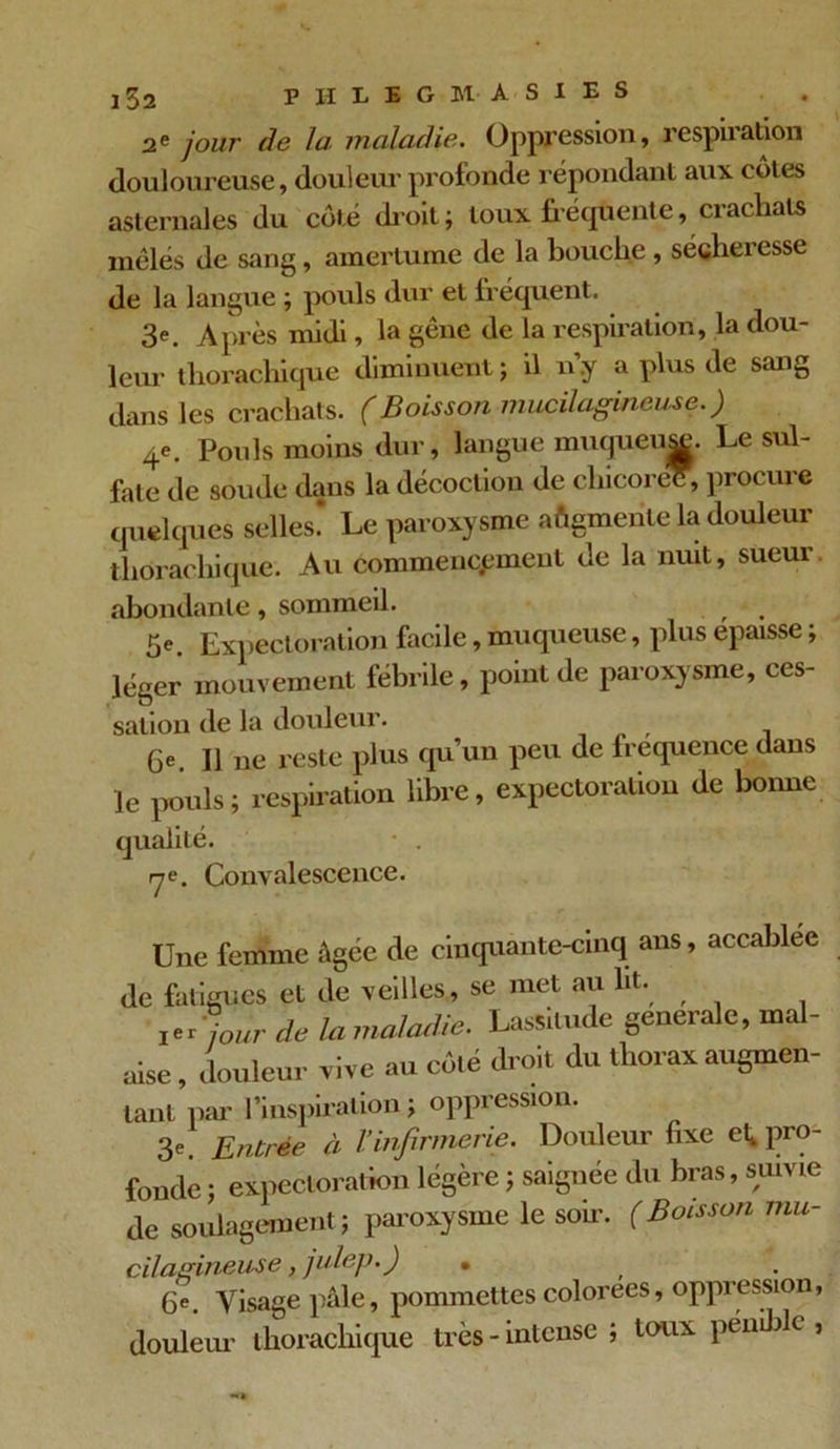 2e jour de lu maladie. Oppression, respiiation douloureuse, douleur profonde répondant aux côtes asternales du côté droit; toux fréquente, crachats mêlés de sang, amertume de la bouche , sécheresse de la langue ; pouls dur et lréquent. 3e. Après midi, la gêne de la respiration, la dou- leur thorachique diminuent; il n.y a plus de sang dans les crachats. (Boisson mucilagineu.se.) 4e. Pouls moins dur, langue muqueu^. Le sul- fate de soude dans la décoction de chicoreT, procure quelques selles* Le paroxysme augmente la douleur thorachique. Au commencement de la nuit, sueur abondante, sommeil. 5«. Expectoration facile, muqueuse, plus épaisse ; léger mouvement fébrile, point de paroxysme, ces- sation de la douleur. Ce. Il ne reste plus qu’un peu de fréquence dans le pouls; respiration libre, expectoration de bonne qualité. ■ . rje. Convalescence. Une femme âgée de cinquante-cinq ans, accablée <le fatigues et de veilles, se met au lit. de la maladie. Lassitude generale, mal- aise, douleur vive au côté droit du thorax augmen- tant par l’inspiration ; oppression. 3e. Entrée à l’infirmerie. Douleur fixe et, pro- fonde ; expectoration légère ; saignée du bras, suivie de soulagement; paroxysme le soir. (Boisson mu- cilagineuse, julep.) • 6e. Visage pâle, pommettes colorées, oppression, douleur thorachique très - intense ; toux pénible,