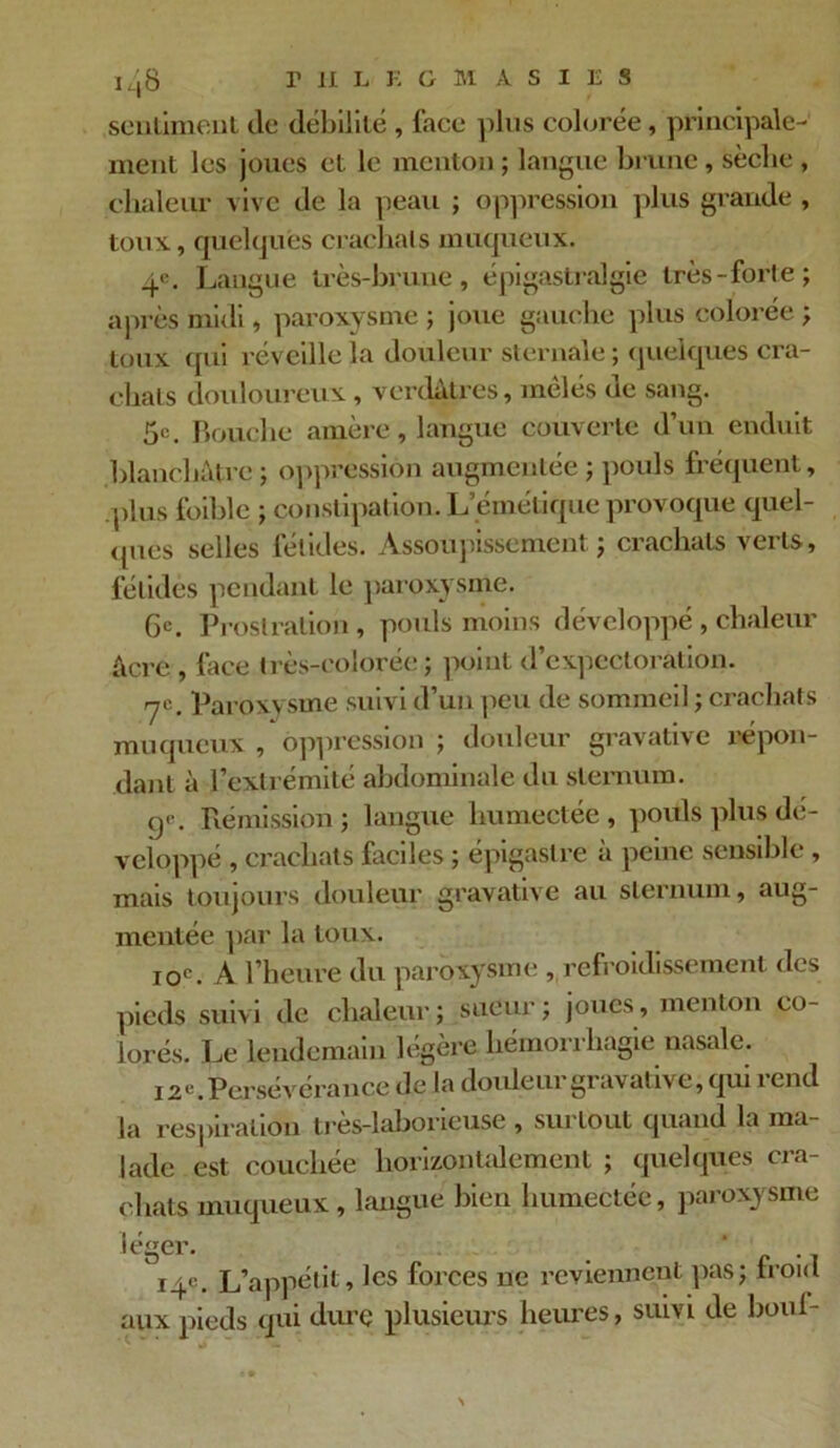sentiment de débilité , face plus colorée, principale- ment les joues et le menton ; langue brune, sèche , chaleur vive de la peau ; oppression plus grande , toux., quelques crachats muqueux. 4e. Langue très-brune, épigastralgie très-forte; après midi, paroxysme; joue gauche plus colorée ; toux qui réveille la douleur sternale ; quelques cra- chais douloureux , verdâtres, mêlés de sang. ge. Bouche amère, langue couverte d’un enduit blanchâtre ; oppression augmentée ; pouls fréquent, plus foiblc ; constipation. L cinétique provoque quel- ques selles fétides. Assoupissement; crachats verts, félidés pendant le paroxysme. 6e. Pi •ostration , pouls moins développé , chaleur âcre , lace très-colorée ; point d’expectoration. 7c. Paroxysme suivi d’un peu de sommeil ; crachats muqueux , oppression ; douleur gravative répon- dant à l’extrémité abdominale du sternum. (y. Rémission; langue humectée, pouls plus dé- veloppé , crachats faciles ; épigastre à peine sensible, mais toujours douleur gravative au sternum, aug- mentée par la toux. 10e. A l’heure du paroxysme , refroidissement des pieds suivi de chaleur; sueur; joues, menton co- lorés. Le lendemain légère hémorrhagie nasale. 12e.Persévérance de ladouleui gi aval îvc, qui îcnd la respiration très-laborieuse , surtout quand la ma- lade est couchée horizontalement ; quelques cra- chats muqueux, langue bien humectée, paroxysme léger. * 14e. L’appétit, les forces ne reviennent pas; froid aux pieds qui dure plusieurs heures, suivi de boni-
