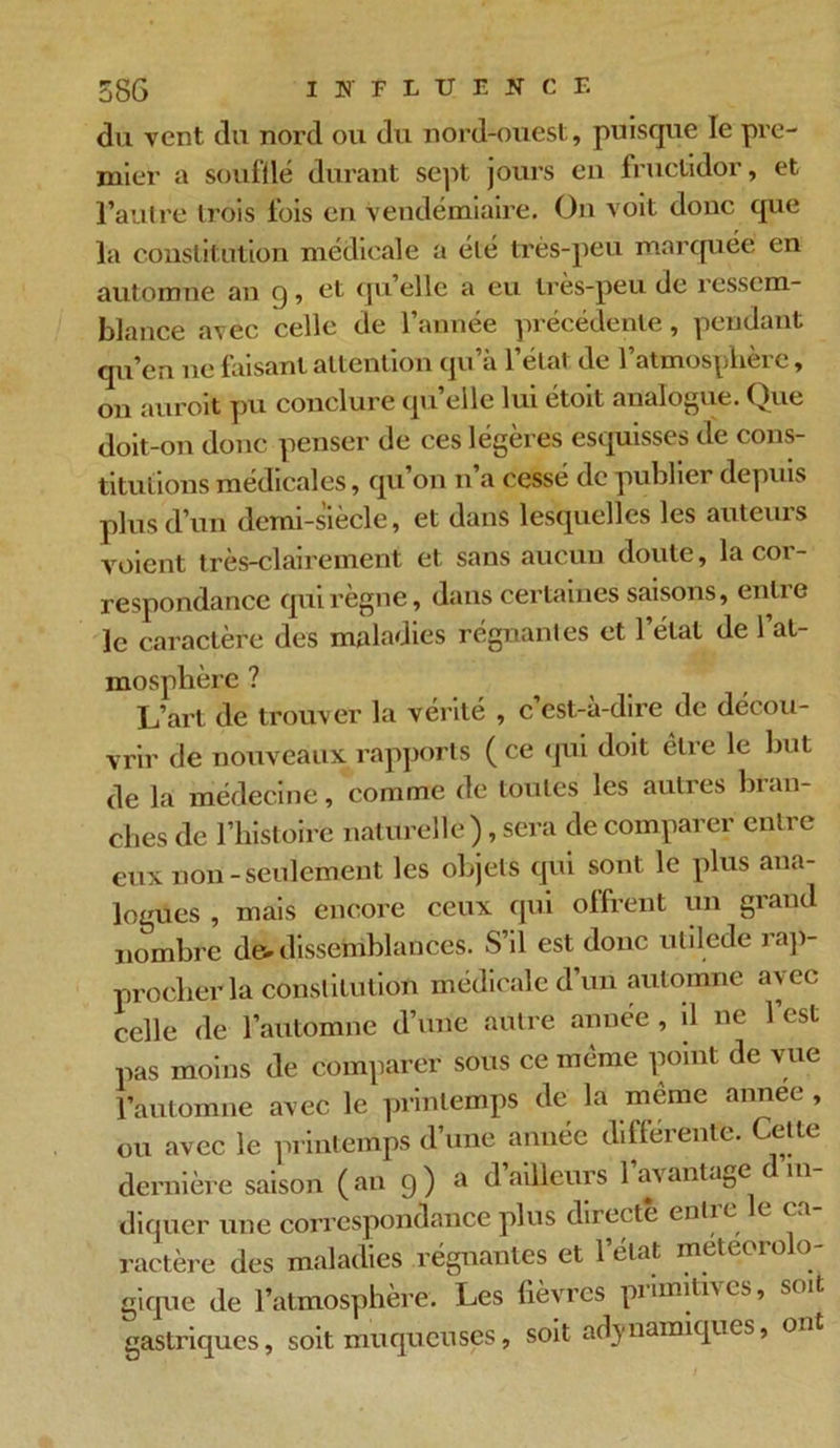 du vent du nord ou du nord-ouest, puisque le pre- mier a soufilé durant sept jours en fructidor, et l’autre trois fois en vendémiaire. On voit donc que la constitution médicale a été très-peu marquée en automne an g, et qu’elle a eu très-peu de ressem- blance avec celle de l’année précédente, pendant qu’en ne faisant attention qu’à l’état de l’atmosphère, on auroit pu conclure qu’elle lui étoit analogue. Que doit-on donc penser de ces légères esquisses de cons- titutions médicales, qu’on n’a cessé de publier depuis plus d’un demi-siècle, et dans lesquelles les auteurs voient très-clairement et sans aucun doute, la cor- respondance qui règne, dans certaines saisons, entre le caractère des maladies régnantes et l’état de l’at- mosphère ? L’art de trouver la vérité , c’est-à-dire de décou- vrir de nouveaux rapports ( ce qui doit être le but de la médecine, comme de toutes les autres bran- ches de l’histoire naturelle), sera de comparer entre eux non-seulement les objets qui sont le plus ana- logues , mais encore ceux qui offrent un grand nombre do dissemblances. S’il est donc ulilede rap- procher la constitution médicale d’un automne avec celle de l’automne d’une autre année , il ne 1 est pas moins de comparer sous ce même point de vue l’automne avec le printemps de la même annee , ou avec le printemps dune année difféiente. Ce|te dernière saison (an g) a dailleurs 1 avantage ni diquer une correspondance plus directe entic e en ractère des maladies régnantes et 1 état inetu îo o gique de l’atmosphère. Les fièvres primitives, soit gastriques, soit muqueuses, soit adynautiques, ont