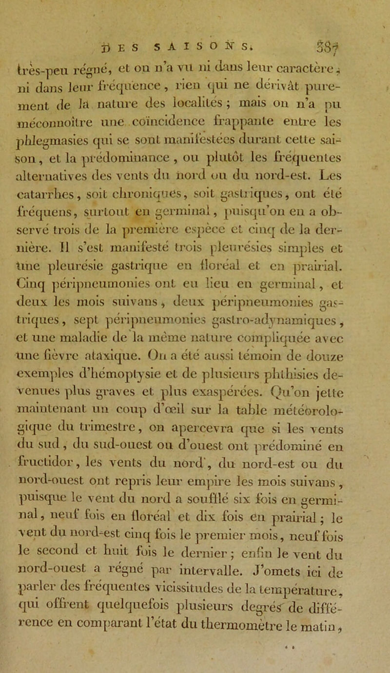 très-peu régné, et on n’a vu ni dans leur caractère « ni dans leur fréquence, rien qui ne dérivât pure- ment de la nature des localités ; mais on n’a pu méconnoîlre une coïncidence frappante entre les phlegmasies qui se sont manifestées durant celte sai- son , et la prédominance , ou plutôt les fréquentes alternatives des vents du nord ou du nord-est. Les catarrhes, soit chroniques, soit gastriques, ont élé fréquens, surtout eu germinal, puisqu’on en a ob- servé trois de la première espèce et cinq de la der- nière. Il s’est manifesté trois pleurésies simples et Une pleurésie gastrique en lloréal et en prairial. Cinq péripneumonies ont eu lieu en germinal, et deux les mois suivans, deux péripneumonies gas- triques, sept péripneumonies gaslro-adynamiques, et une maladie de la même nature compliquée avec une lièvre ataxique. On a élé aussi témoin de douze exemples d’hémoptysie et de plusieurs phlhisies de- venues plus graves et plus exaspérées. Qu’on jette maintenant un coup d’œil sur la table météorolo- gique du trimestre, on apercevra que si les vents du sud, du sud-ouest ou d’ouest ont prédominé en fructidor, les vents du nord, du nord-est ou du nord-ouest ont repris leur empire les mois suivans , puisque le vent du nord a souillé six lois en aermi- U nal, neuf fois en lloréal et dix fois en prairial ; le vent du nord-est cinq fois le premier mois, neuf fois le second et huit fois le dernier; enhu le vent du nord-ouest a régné par intervalle. J’omets ici de parler des fréquentes vicissitudes de la température, qui offrent quelquefois plusieurs degrés de diffé- rence en comparant l’état du thermomètre le malin,